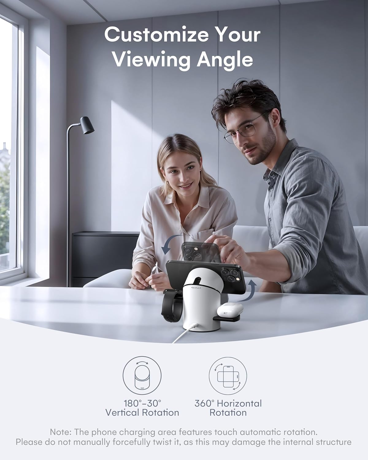 ZEEHOO 3 in 1 Charging Station for Apple Devices, Mag-Safe Charger Stand, Qi2 15W Auto-Rotating Wireless Charger for iPhone 16/15/14/13/12 Series& AirPods& iWatch(White)