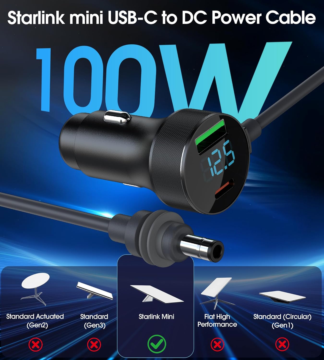 3 in 1 Starlink Mini Cable, 12V-48V Starlink Mini Car Charger DC Power Cable+ Cigarette Lighter Adapter with Digital Display, USB C PD 40W and USB A Ports 30W (9.8ft/3m)