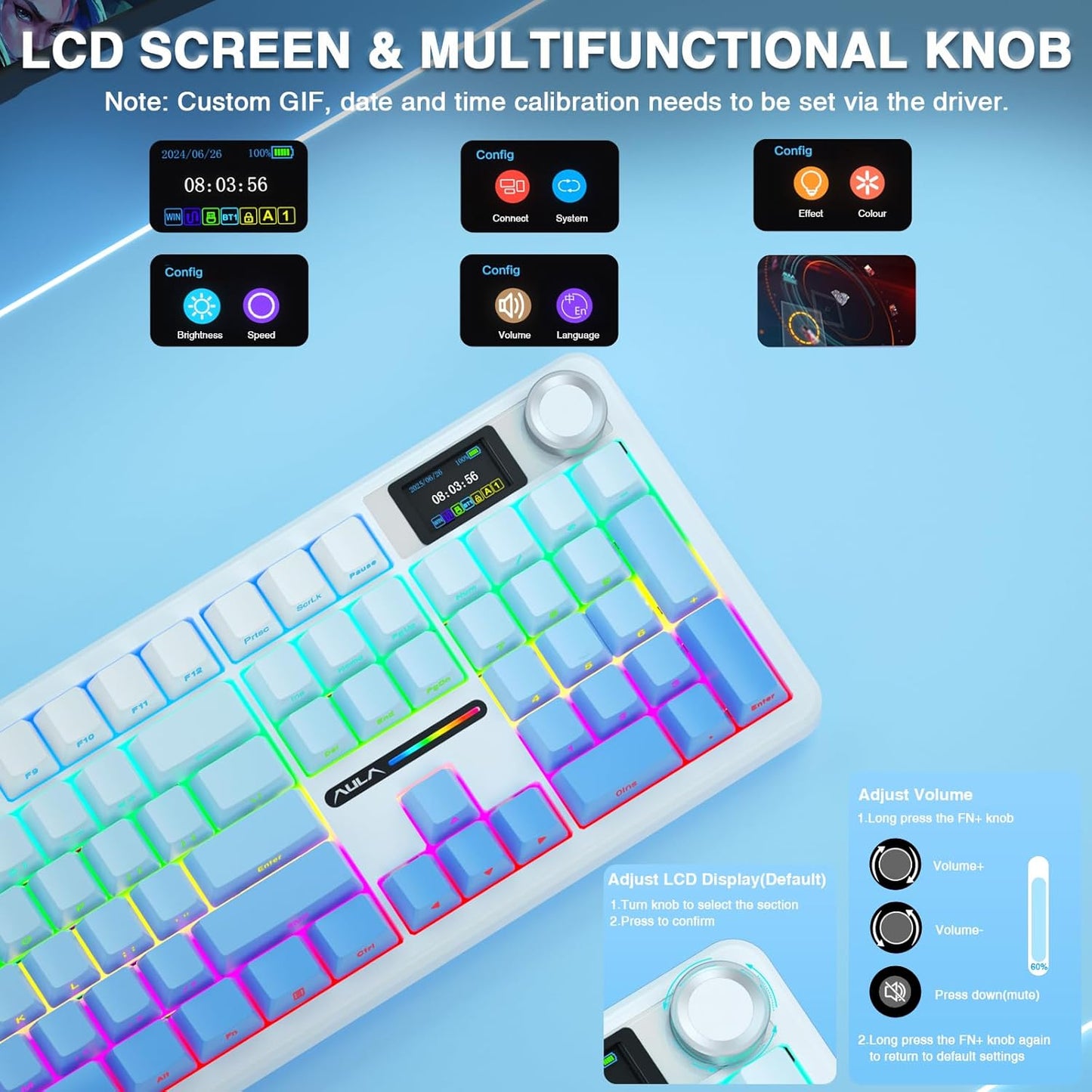 AULA F108 PRO - Wireless Mechanical Keyboard with Screen&Knob,Hot Swappable Gaming Keyboard with 8000mAh Battery,Pre-lubed Switches,RGB Backlit,PBT Keycaps Creamy Sounding Computer Keyboards,104 Keys