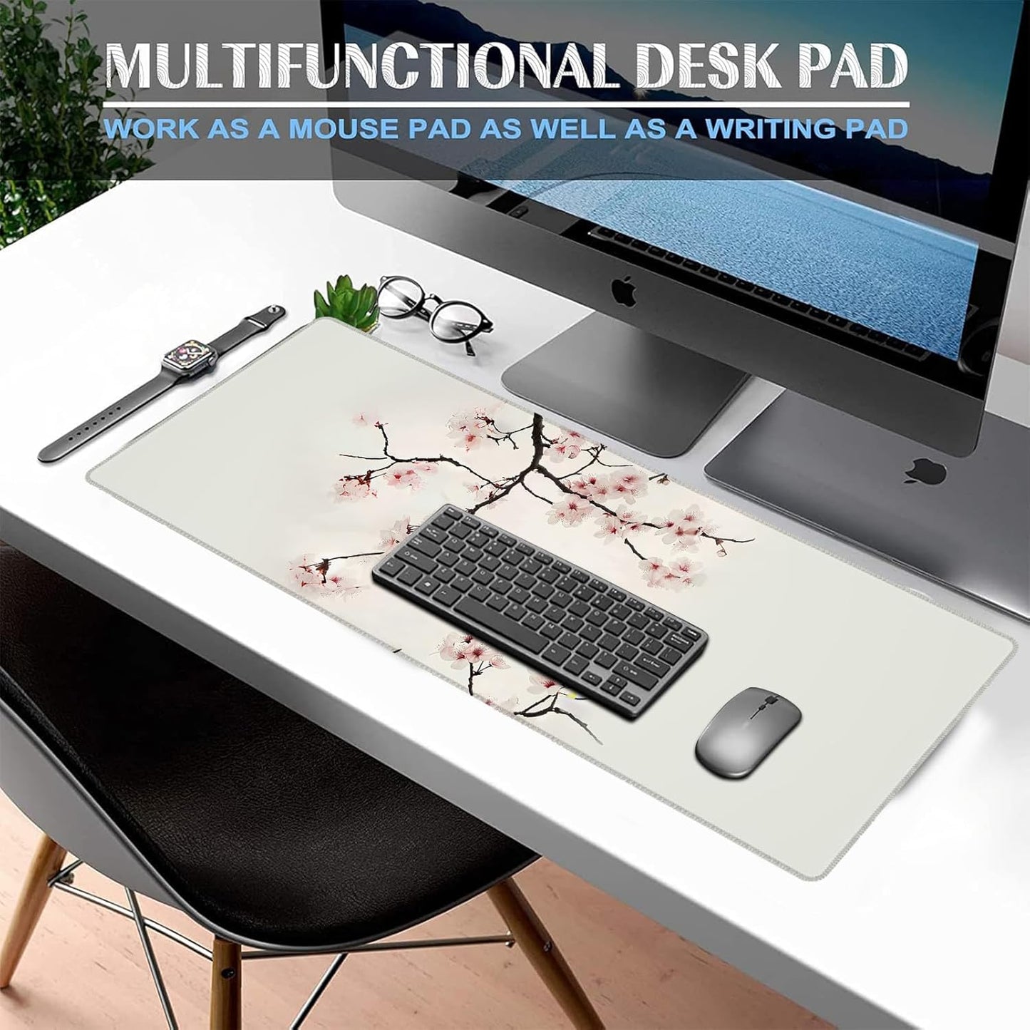 Elegant Cherry Blossom Gaming Mouse Pad, Large Office Desk Mat, Anti-Slip Rubber Base Mousepad for Computer Laptop Keyboard, Smooth Desk Pad for Home Office Gamer Work Accessories 31.5" x 11.8"