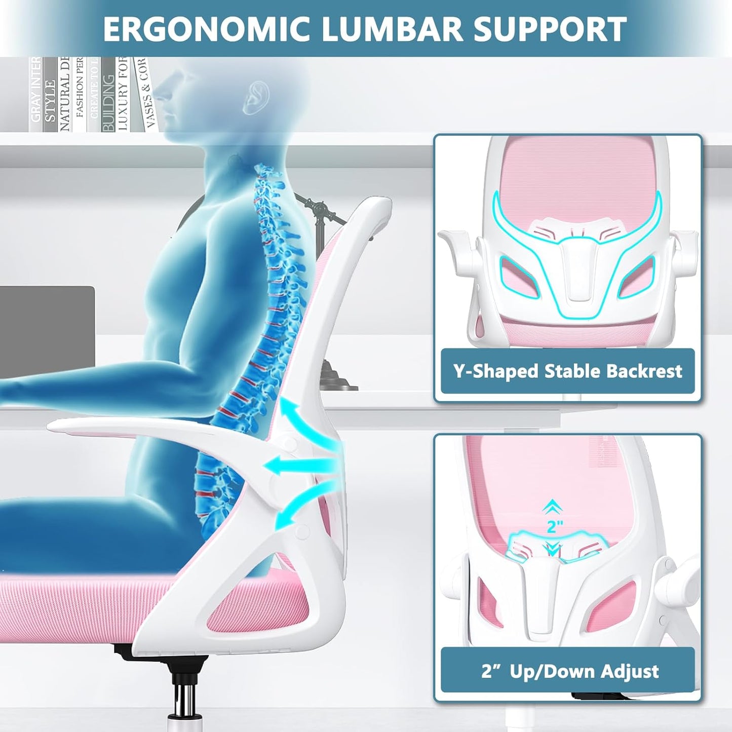 Tall Drafting Chair with Footrest Ring for Home and Work, Ergonomic Home Desk Office Chair with Flip up Arms and Lumbar Support, Extended Height Executive Desk Office Chair(Pink)