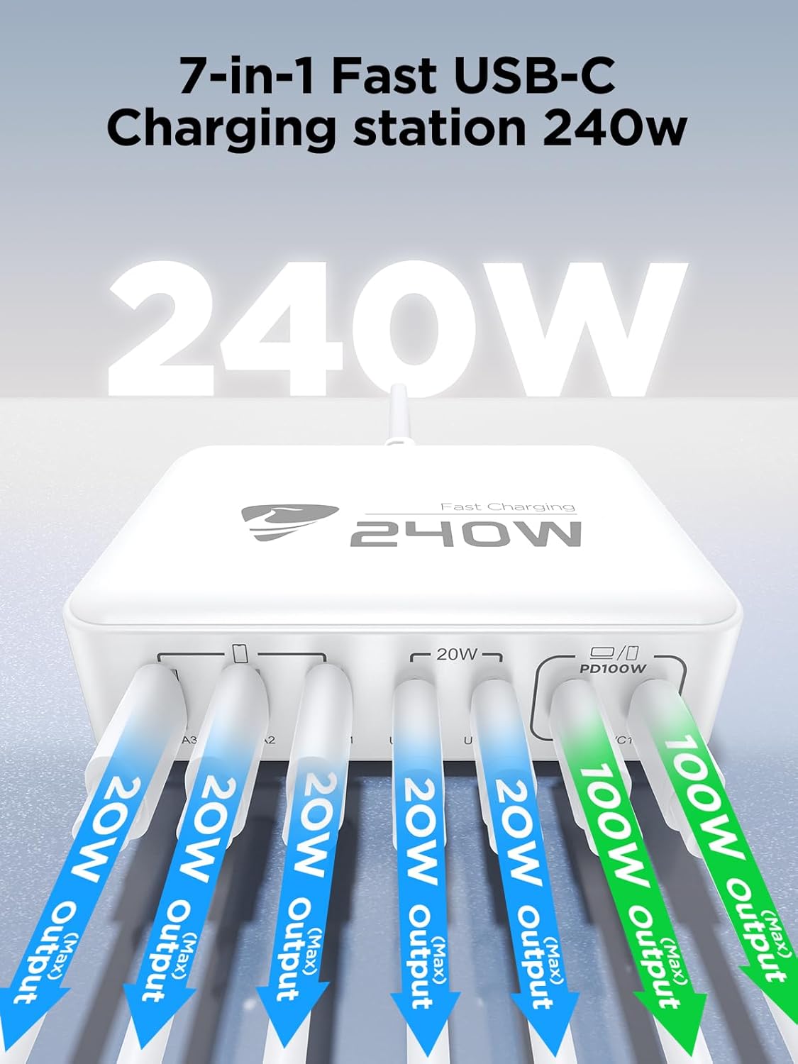 240W USB C Charging Station, 7-Port GaN USB C Charger Block, 100W Laptop USB C Fast Charger Compact 100W Laptop Charger Hub Wall Charger Adapter for MacBook Pro/Air,iPhone 16/15/14/13,Samsung S24