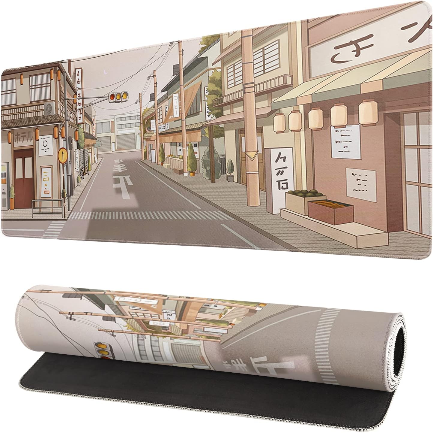 Tokyo Street Mouse Pad Anime Japanese Desk Mat Kawaii Large Gaming Mousepad XL Beige Cute Mousepad Gaming Non-Slip Rubber Base Stitched Edges Keyboard Mouse Mat Desk Pad for Office Home and Game