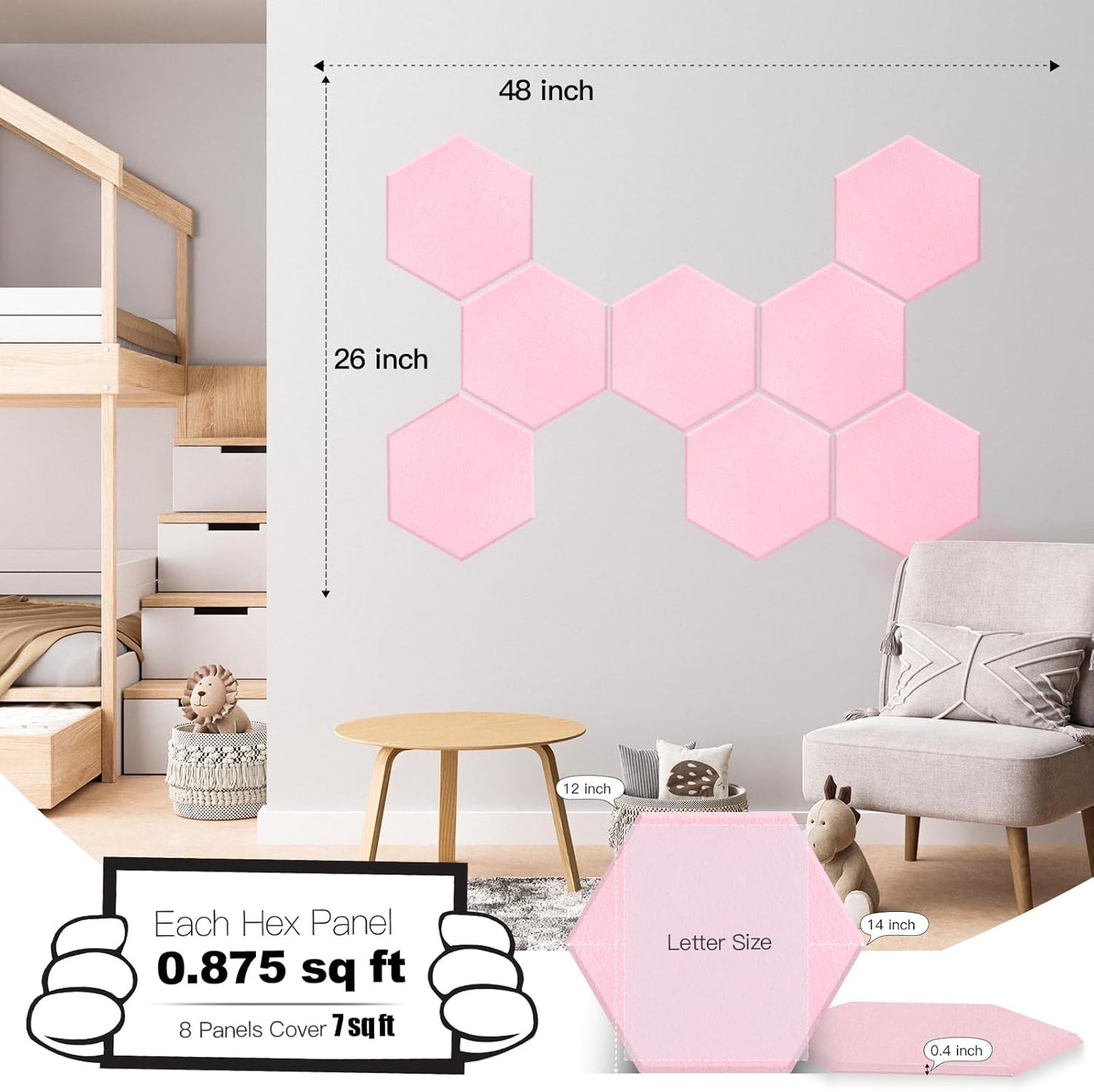 Mollywell Hexagon Acoustic Panels, High Density, Soundproofing, Decorative Noise Reduction Felt Wall Tiles for Ceilings, Home Office & Gaming Room (Cherry Blossom Pink), 14x12x0.4 Inch