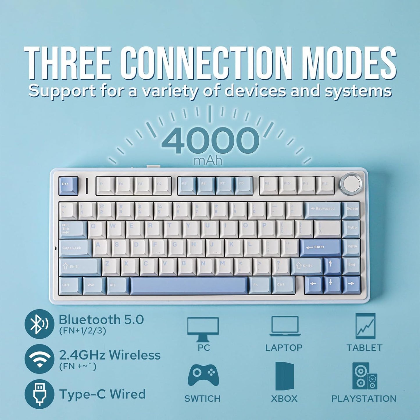 EPOMAKER x Aula F75 Gasket Mechanical Keyboard, 75% Wireless Hot Swappable Gaming Keyboard with Five-Layer Padding&Knob, Bluetooth/2.4GHz/USB-C, RGB (Sea Salt Blue, Ice Vein Switch)