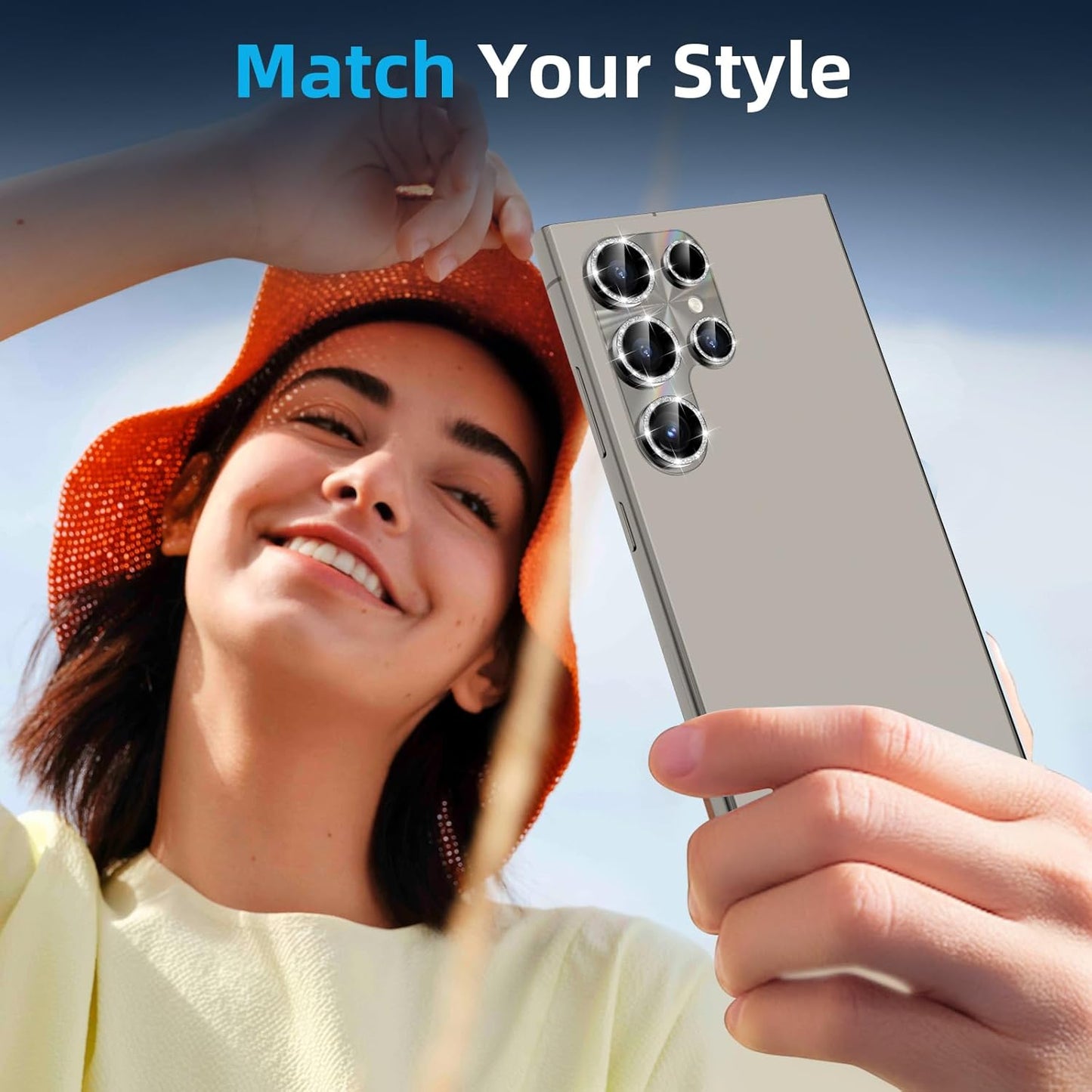 YWXTW Camera Lens Protector for Samsung Galaxy S24 Ultra, [Lithography Laser Gradient] [5X Strengthen] Bling Glitter Tempered Glass Screen Protector Metal Ring Camera Lens Cover (Titanium Gray)