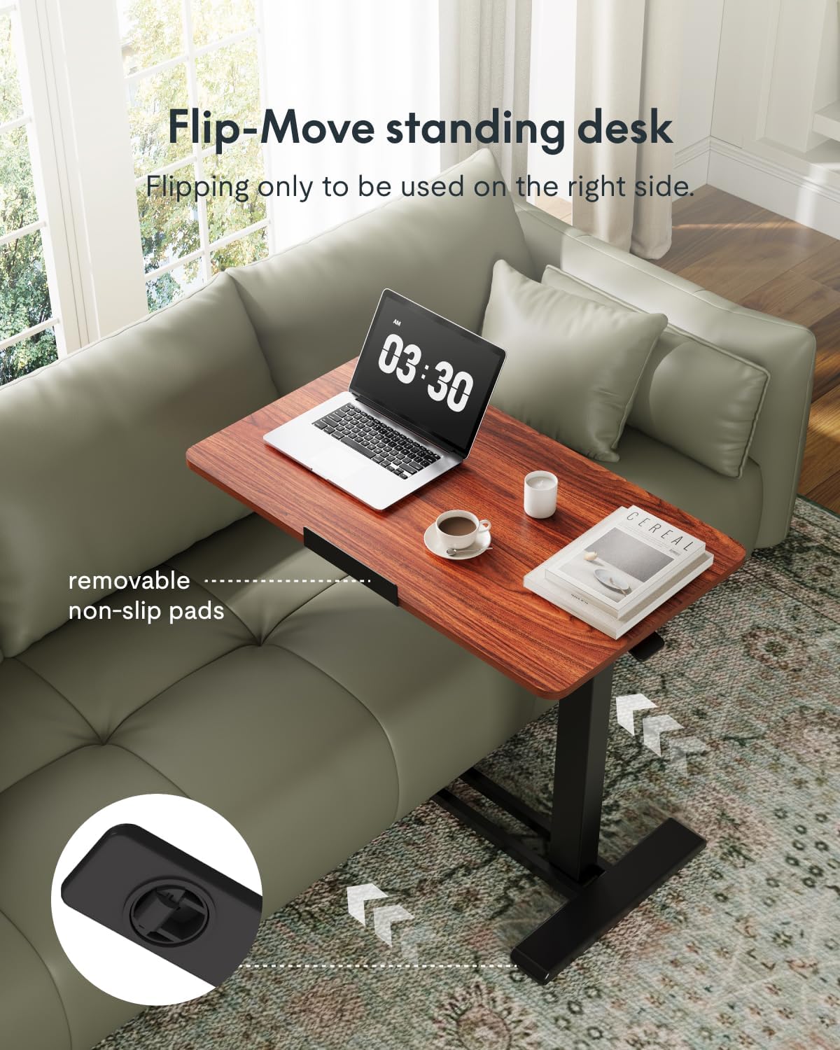 FLEXISPOT H7 PRO Mobile Standing Desk Adjustable Overbed Table Pneumatic with Wheels 90°Tiltable Portable Laptop Desk Rolling Computer Cart Foldable Bedside Table(31.5" W x 17.7" D, Mahogany)