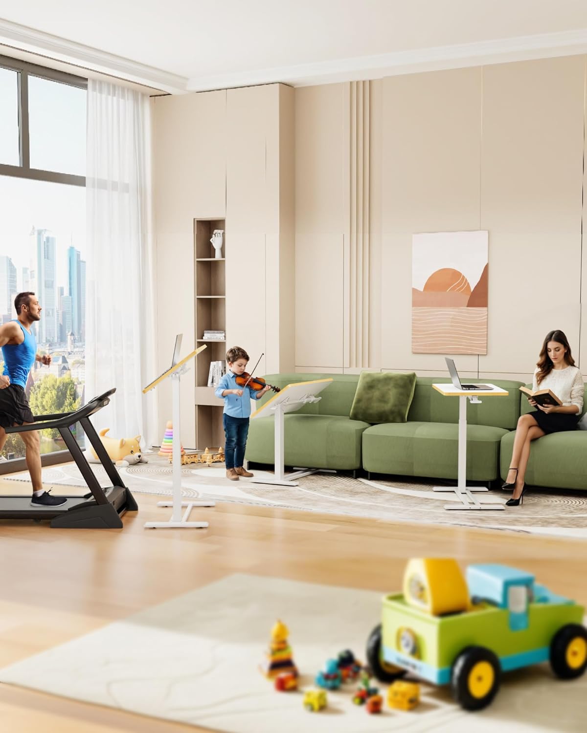 SANODESK Medical Adjustable Overbed Bedside Table with Casters 90° Tilt Top Pneumatic Mobile Rolling Laptop Computer Standing Desk Cart with Tray, Hospital and Home Use(31.5" W x 17.7" D, White)