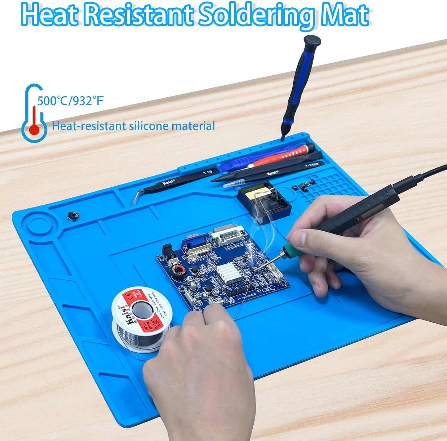 Kaisi Soldering Mat,15.35" x 10.6" Inch Heat Resistant Silicone Work Mat,Solder Pad for Soldering,Screws,Tools Repair Pad,Soldering Gun Iron Workbench Protection