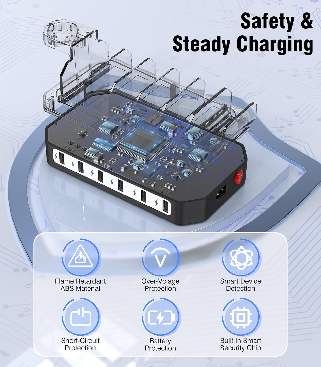 [2025 Upgraded] 6 IN 1 Fast Charging Station for Multiple Device【Durable & Safe Charging】6 Ports Charging Dock Organizer with 6 Cables & 2 Stands for Cellphone/Tablet/Kindle/iWatch & Other Electronic