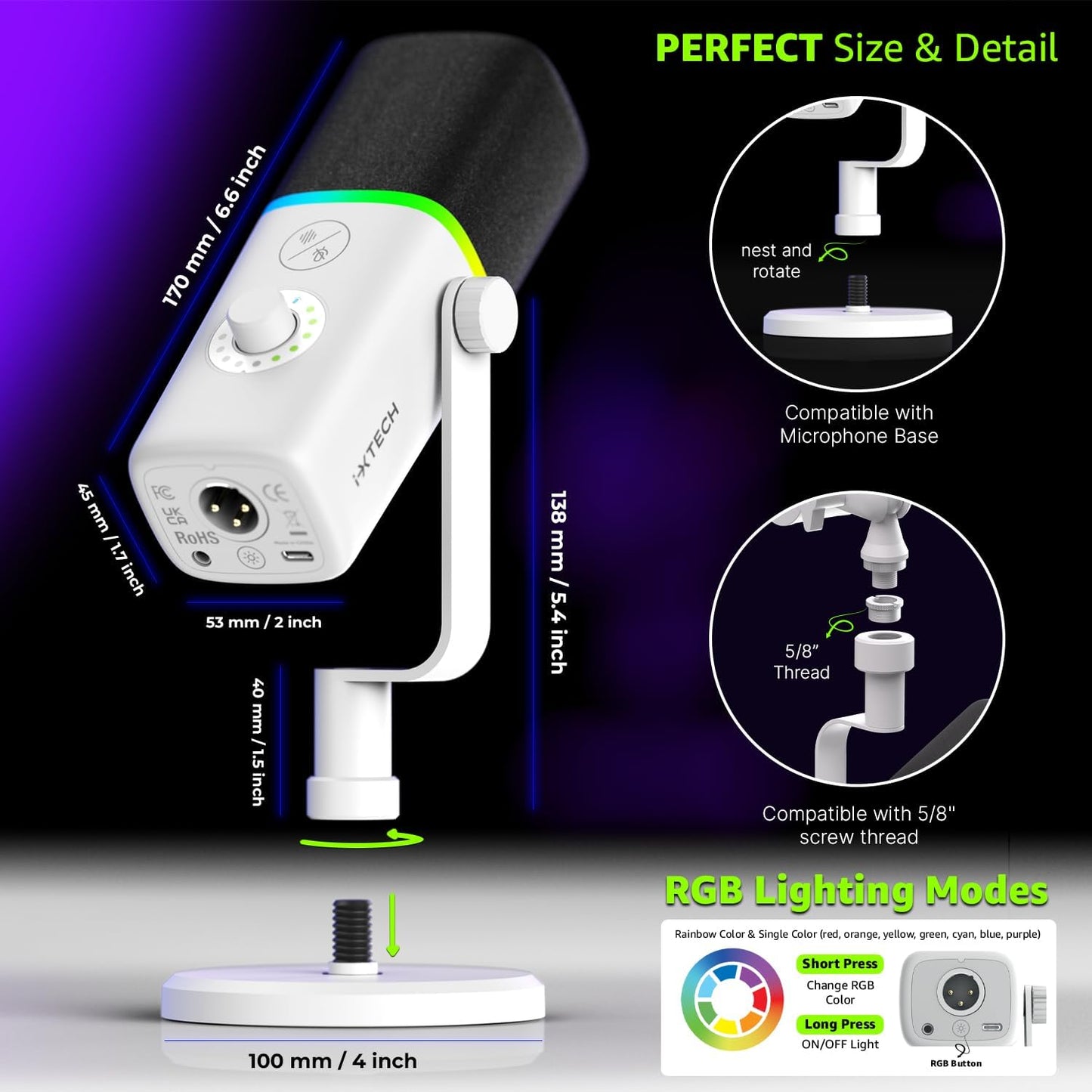 IXTECH Gaming USB Microphone for PC, Noise Cancellation Condenser Mic for Podcasts and Video Streaming with Tripod Stand, Pop Filter, Shock Mount, Gain Control, RGB Lights, Quiet Mute Button (White)