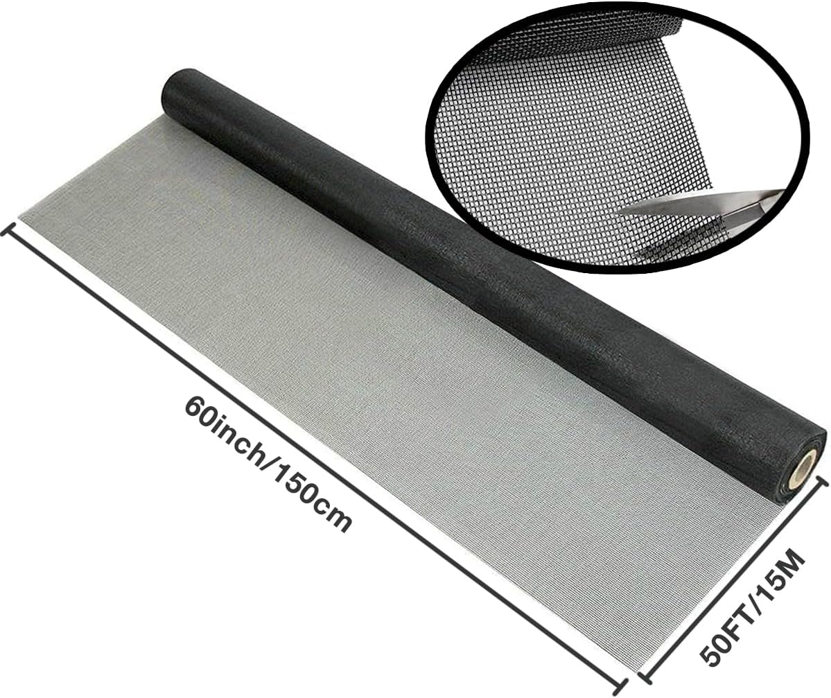 Window Screens Replacement, Cuttable Fiberglass Roll Screens Door Mesh, Repair Screens Net DIY Screening Mesh Netting Black for Windows, Door, Pool, Porch,Patio (60inch*50ft)