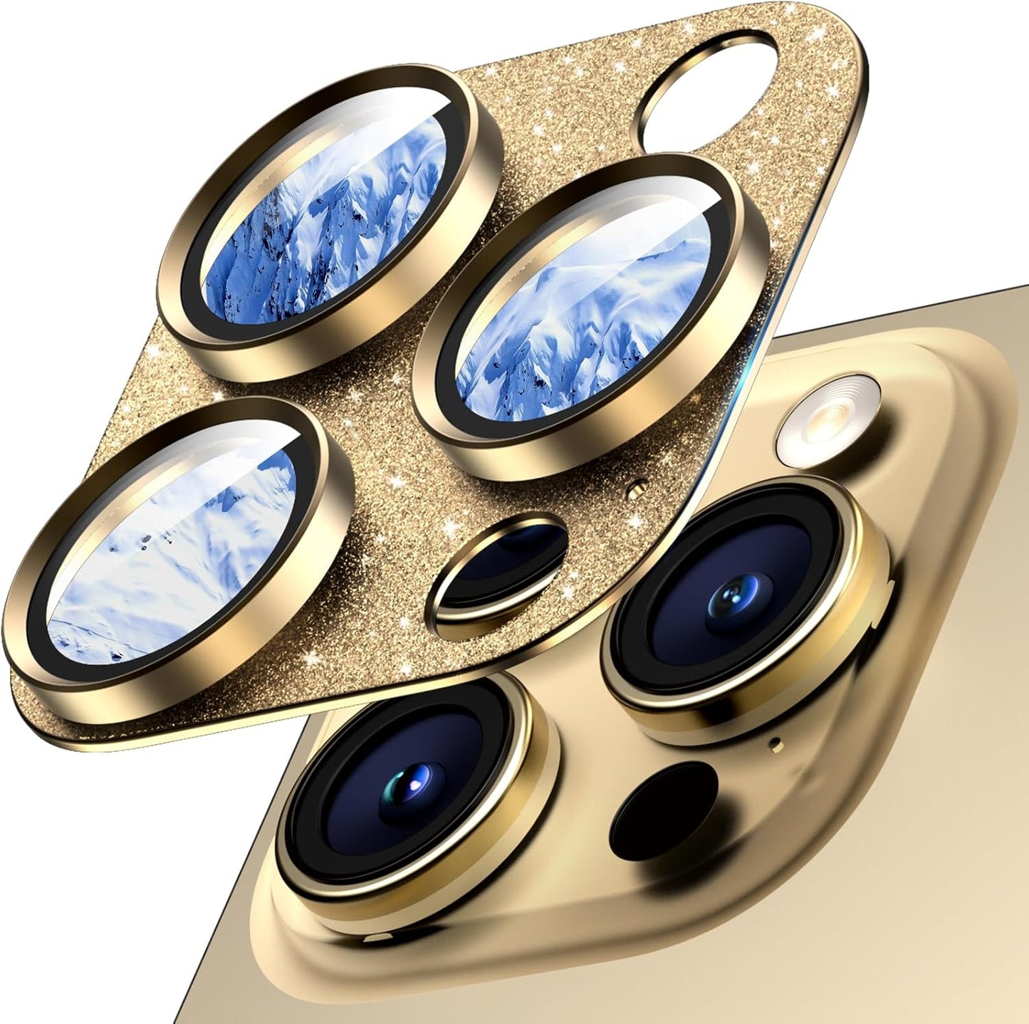 Camera Lens Protector for iPhone 16 Pro Max/16 Pro/15 Pro Max/15 Pro/14 Pro Max/14 Pro, Aluminum Alloy Sapphire Glass Camera Screen Cover, Case Friendly- Glitter Gold