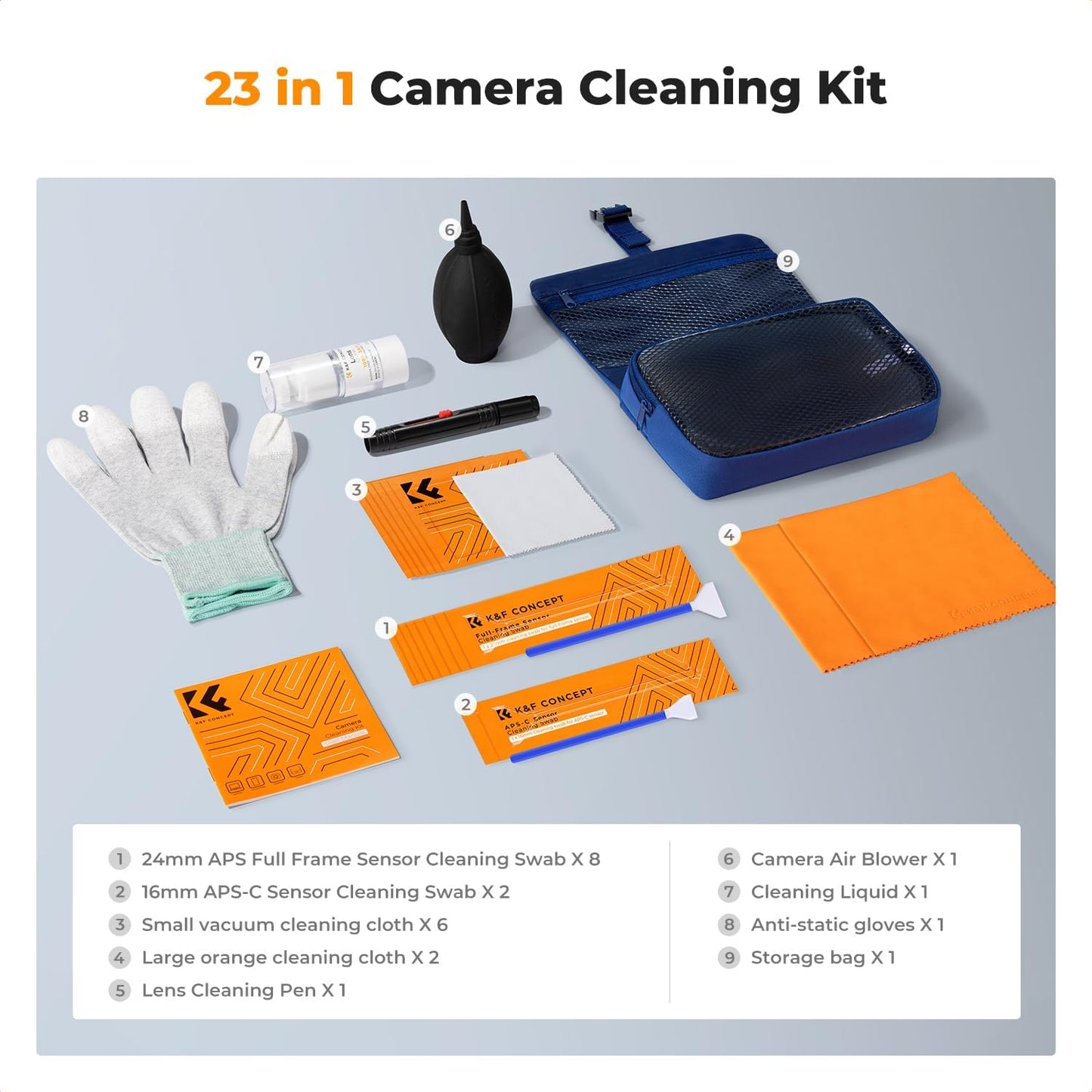 K&F CONCEPT Professional Lens Cleaning Kit for DSLR & Mirrorless Cameras with APS-C/Full-Frame Sensor Cleaning Swabs/Lens Cleaner/Gloves/Camera Blower/Lens Pen Brush/Microfiber Cloths/Carrying Case