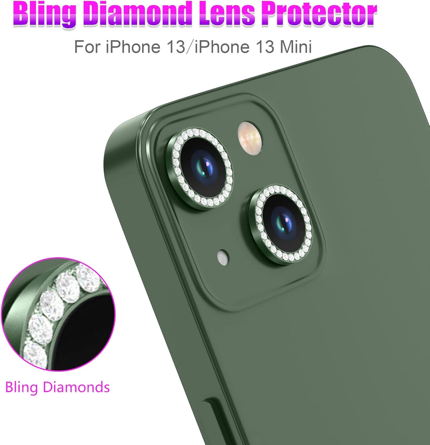 AGVEE 3+3 6 Pack for iPhone 13 6.1 inch / 13 Mini 5.4 inch Camera Lens Cover Protector, Bling Diamond & Bling Glitter Metal Ring 9H Tempered HD Glass Camera Cover Protector Film, Bling-Green
