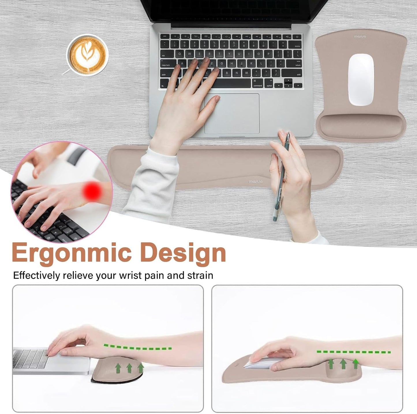 MOSISO Wrist Rest Support for Mouse Pad & Keyboard Set, Ergonomic Mousepad Non-Slip Base Home/Office Pain Relief & Easy Typing Cushion with Neoprene Cloth & Raised Memory Foam, Taupe Brown