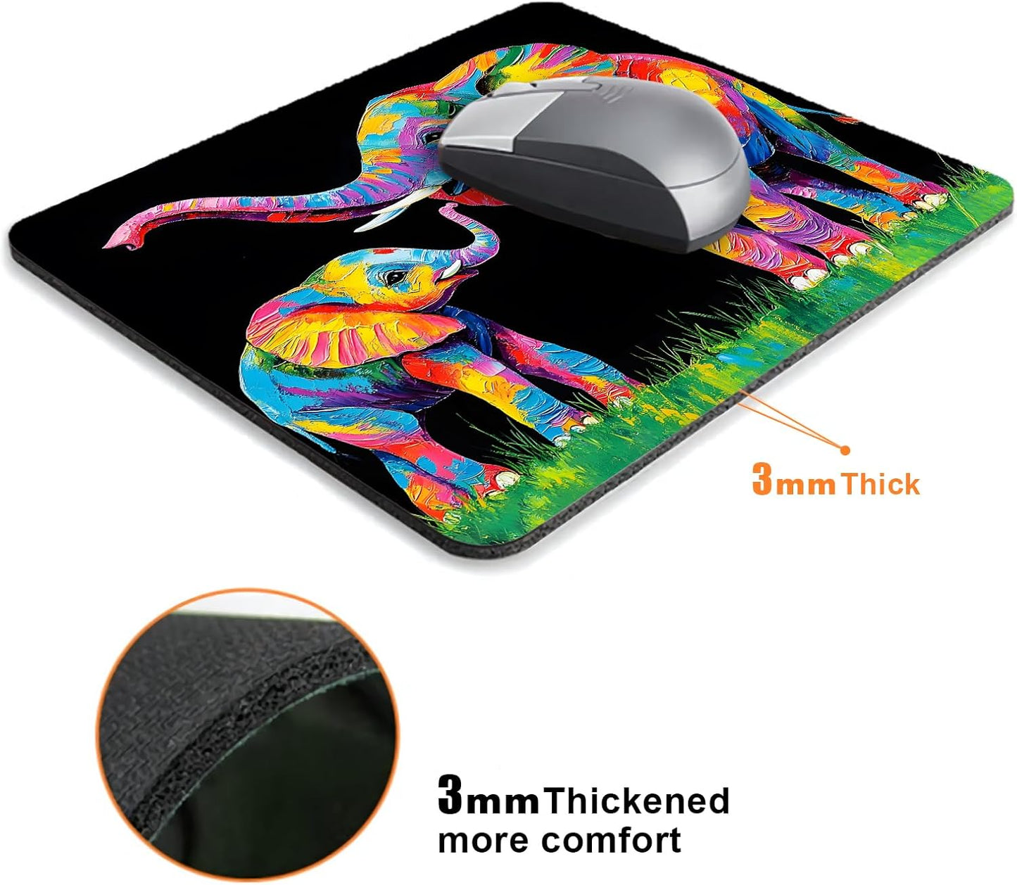 Colorful Art Animal Elephant Mouse Pads for Desk, Portable Wireless Computer Mouse pad Small Design with Women, Non-Slip Rubber Base Laptop Mousepad 9.5" x 7.9" Smooth Surface for Office & Travel