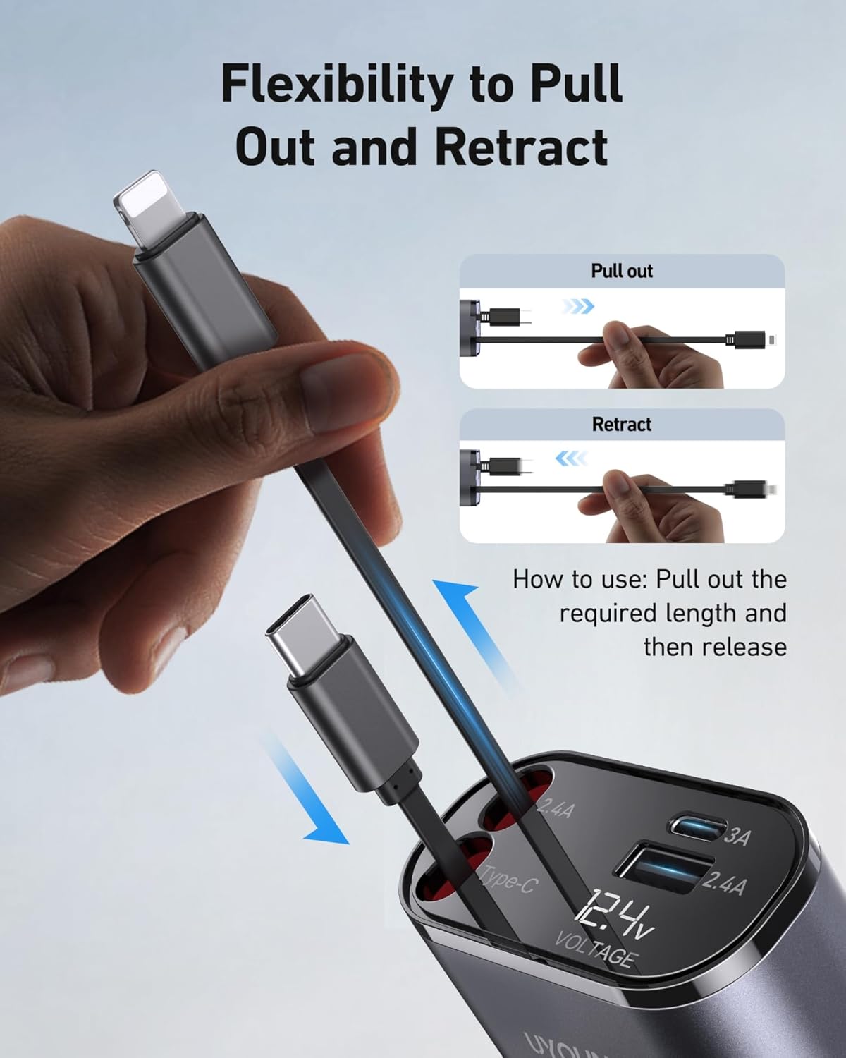 UYOUNG Retractable Car Charger 100W, 4 in 1 Fast Car Phone Charger, 2 Retractable Cables 31.5 Inch and 2 USB Ports, Compatible with iPhone 15/14/13/12/11 Pro Max/XR/XS,Samsung,Pixel,iPad/iPod