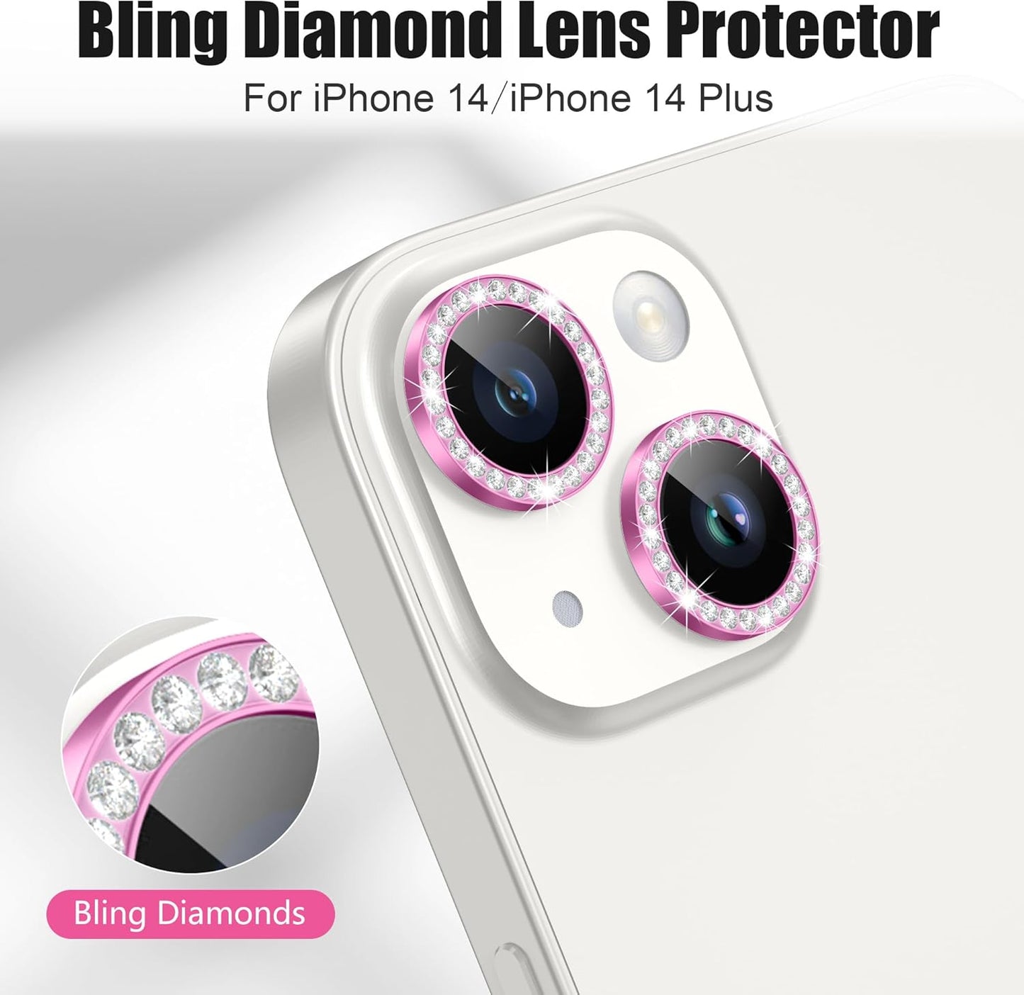 AGVEE 3+3 6 Pack for iPhone 14 6.1" / 14 Plus 6.7" Camera Lens Cover Protector, Bling Diamond & Bling Glitter Metal Ring 9H Tempered HD Glass Camera Cover Protector Film, Bling-Rose