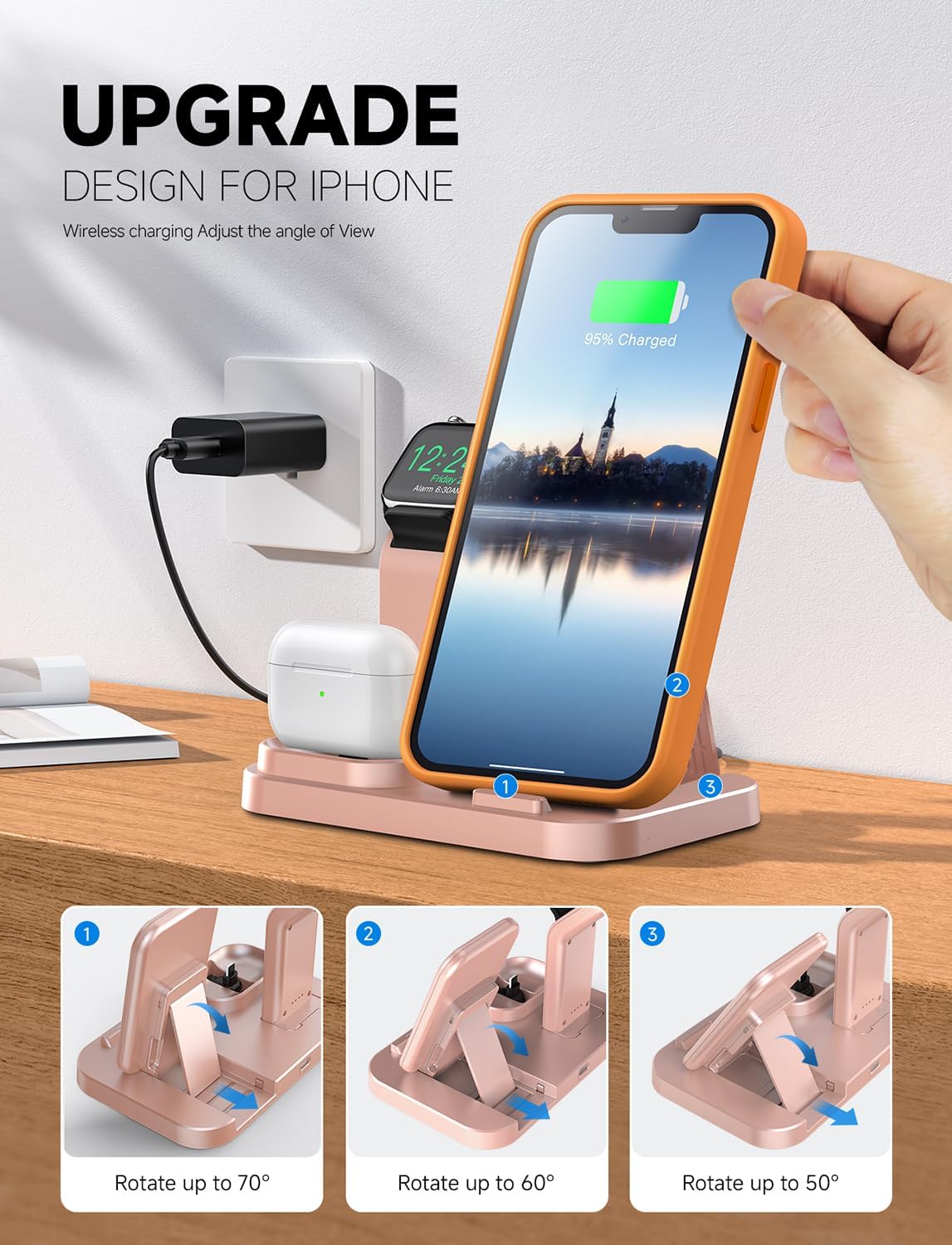 Wireless Charging Station 3 in 1 RJR Compatible with Apple Devices, Charging Dock for iWatch, Built-in Wireless Charger Stand for iPhone Series AirPods Gifts (with 18W Adapter) Rose Gold