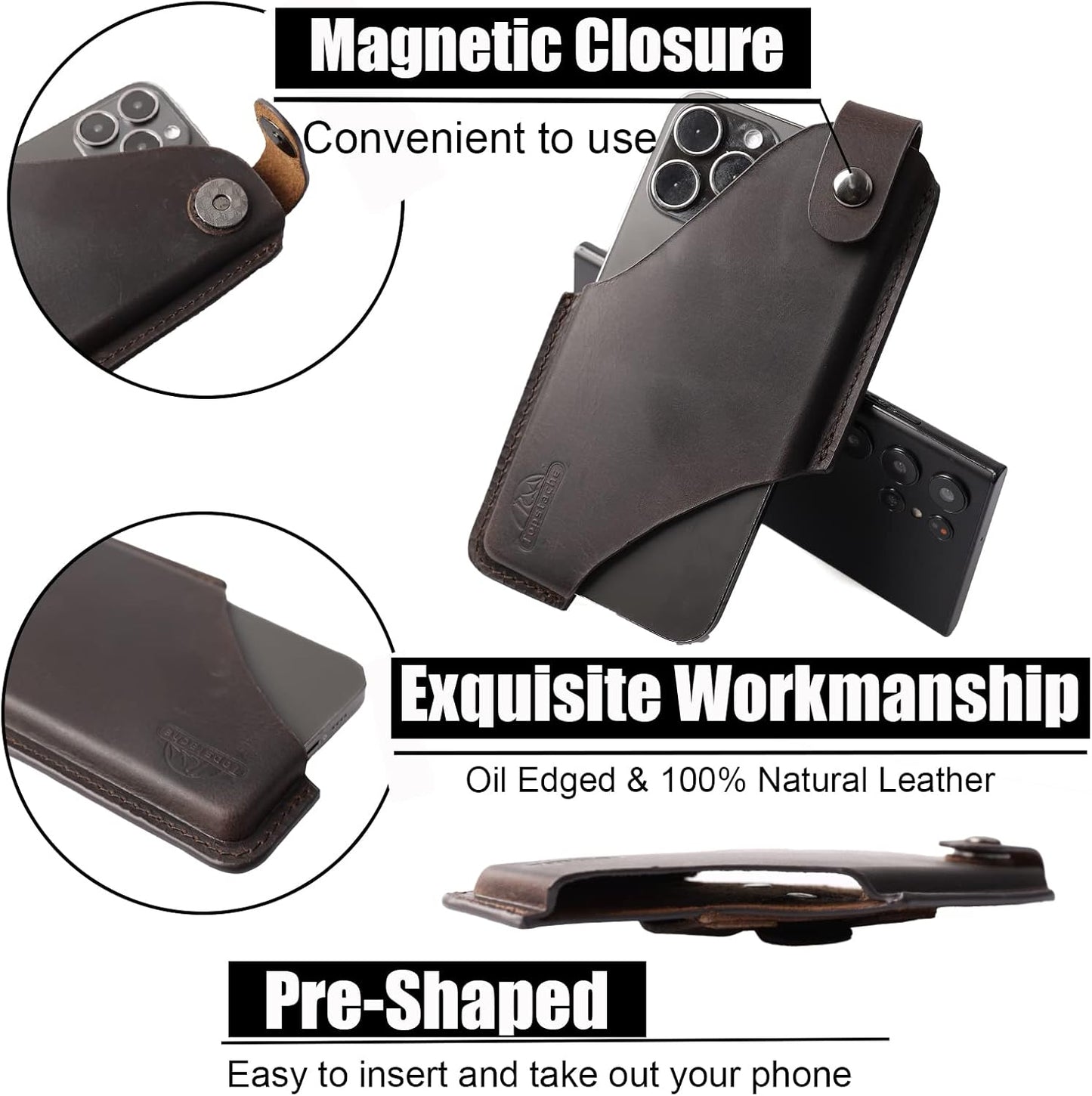 Topstache Leather Phone Holster - Magnetic Clip Case for iPhone & Samsung, Dark Brown