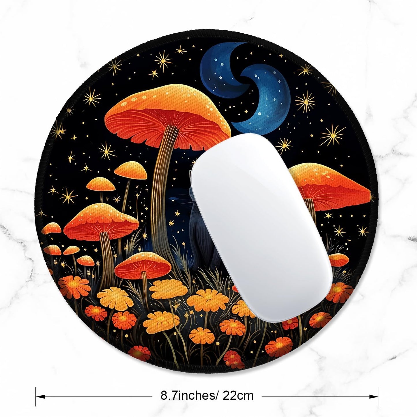 ITNRSIIET Round Mouse Pad with Stitched Edge Premium-Textured Waterproof Non-Slip Rubber Base Desktop Protection Mat Diameter 8.7 inches, Cat and Mushroom