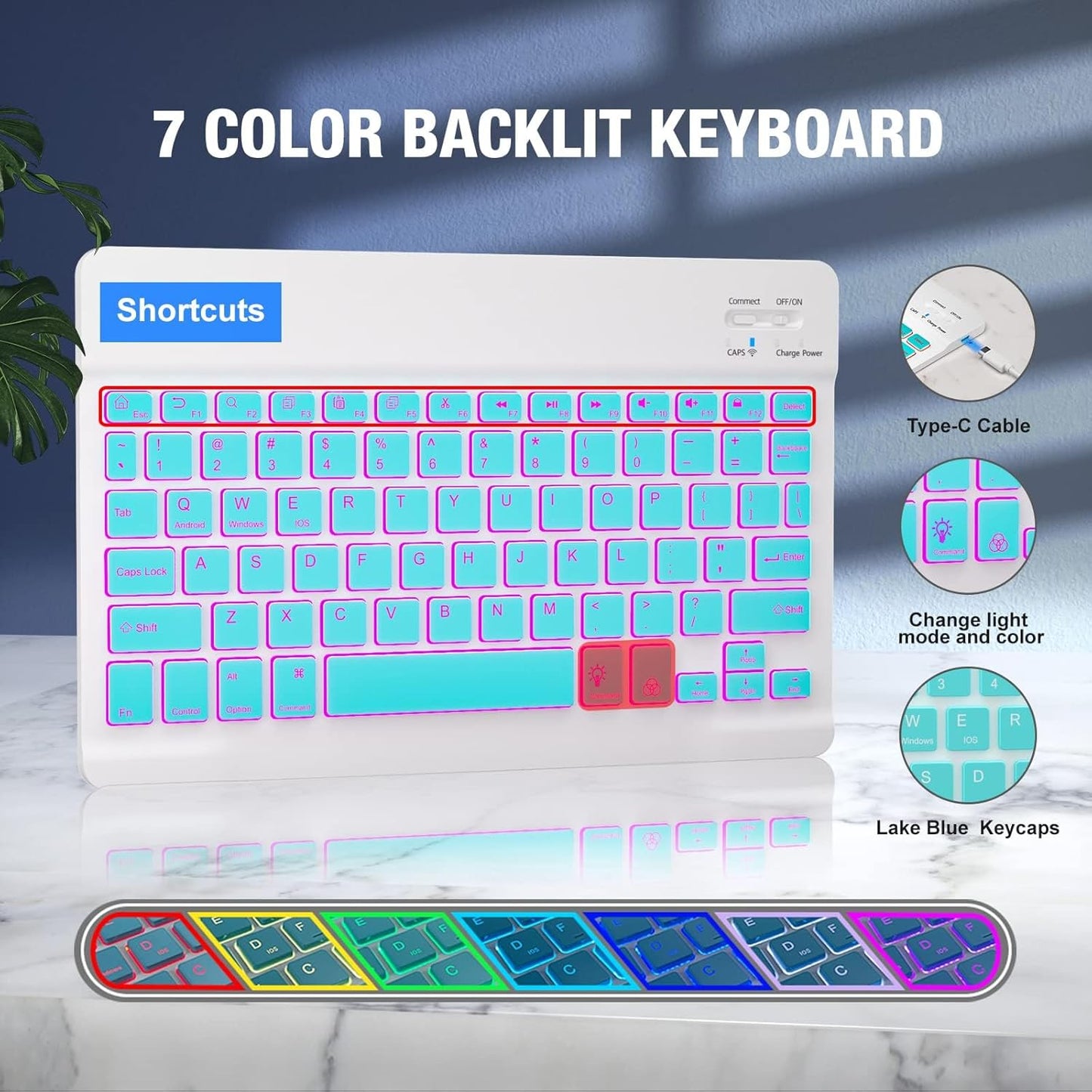 Keyboard Case for iPad 9th/8th/7th Generation 10.2 inch,360° Rotatable iPad Air 3 Pro 10.5-inch Case with Pencil Holder(2021/2020/2019/2017),7 Color Backlit Bluetooth Keyboard Folio Cover (Lake Blue)