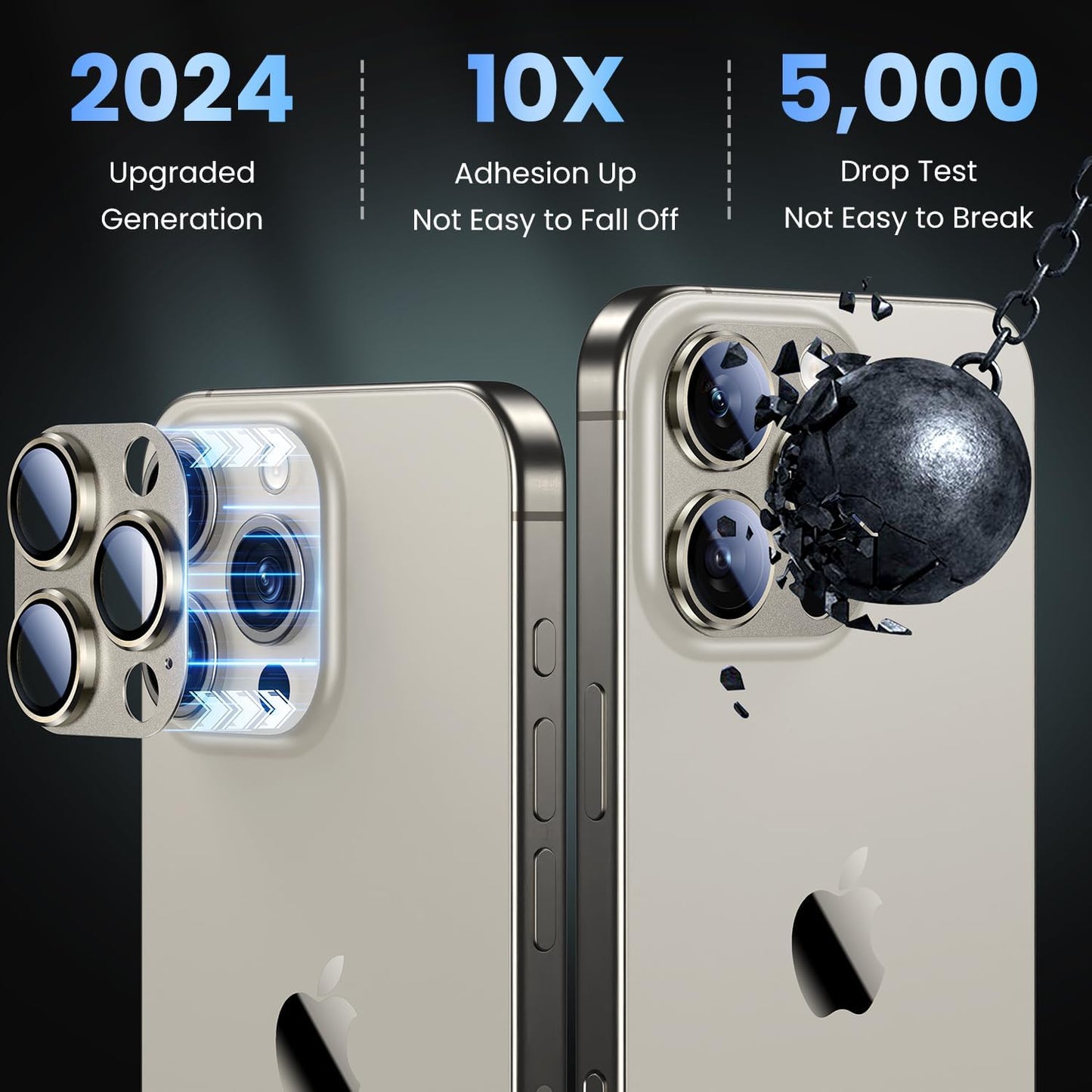 Uyiton Compatible with iPhone 16 Pro/iPhone 16 Pro Max Camera Lens Protector - [Not Easy to Break][Strong Adsorption][Case-Friendly] Metal Tempered Glass Rear Camera Screen Cover - Natural Titanium