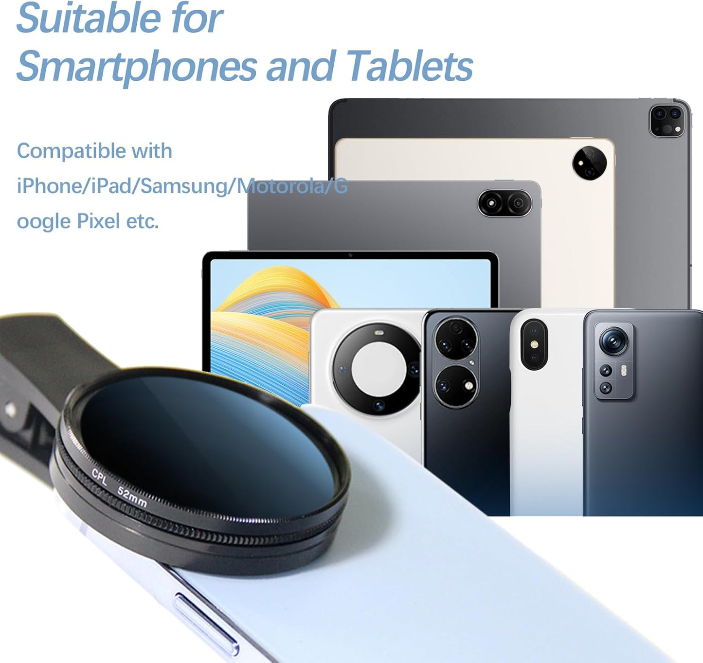 52MM Circular Polarizer Filter for Phone, Clip-on CPL Phone Camera Lens Filter Compatible with iPhone 16 15 14 13 and Other Smart Phones, Ultra Slim Multi-Coated CPL Lens Filter with Case