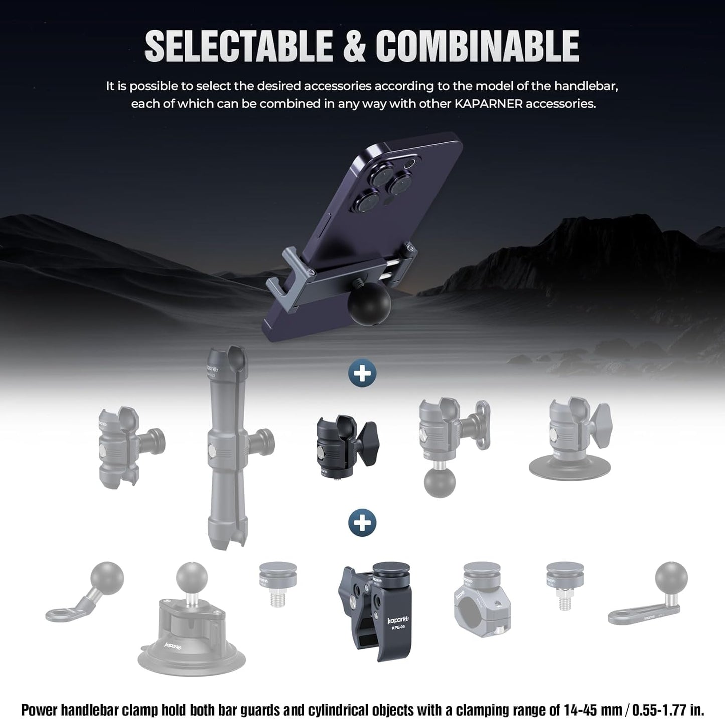 Riding Phone Clip Kit, Dual Knob Single Socket Arm and Aluminium Handlebar Base Mount Strong Rod Clamp, Suitable for Installation in 0.55-1.77” Diameter Steel Round Bar (KPS-07)