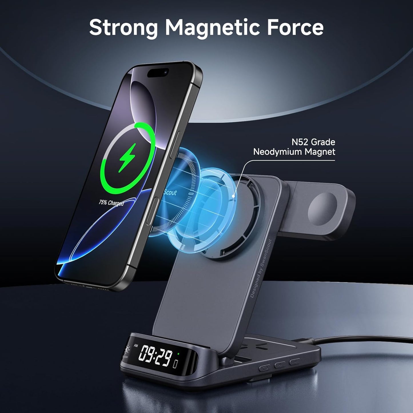 Wireless Charger Stand Compatible with MagSafe, SwanScout 708M, Foldable 3 in 1 Magnetic Wireless Charging Station for iPhone 16/15/14/13 Series, Travel Charger for Apple Watch, AirPods (No Adapter)