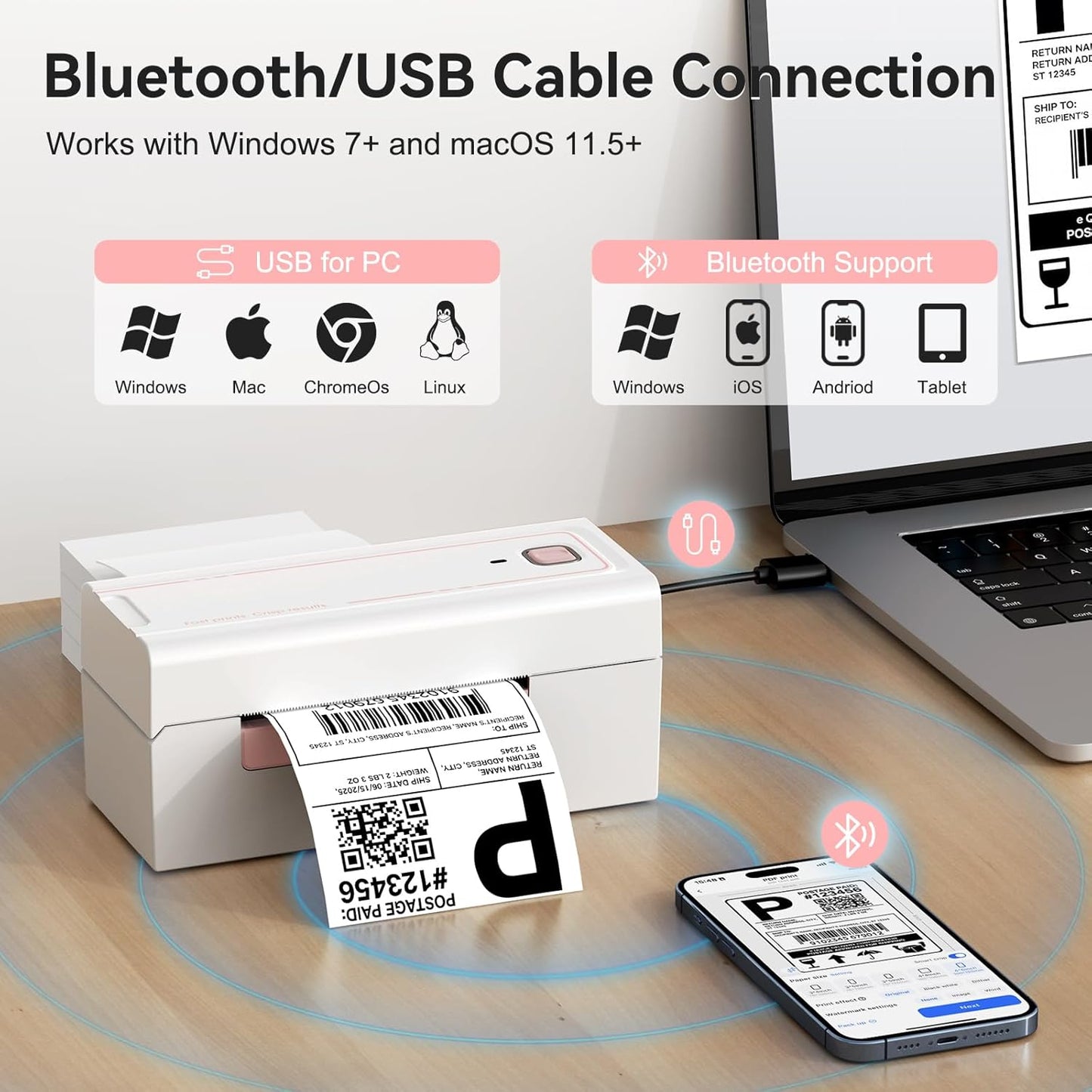 Bluetooth Thermal Shipping Label Printer, Wireless 4x6 Shipping Label Printer for Packages, High-Speed Thermal Printer Compatible with Android, iOS & Windows for Amazon, Ebay, Shopify, USPS