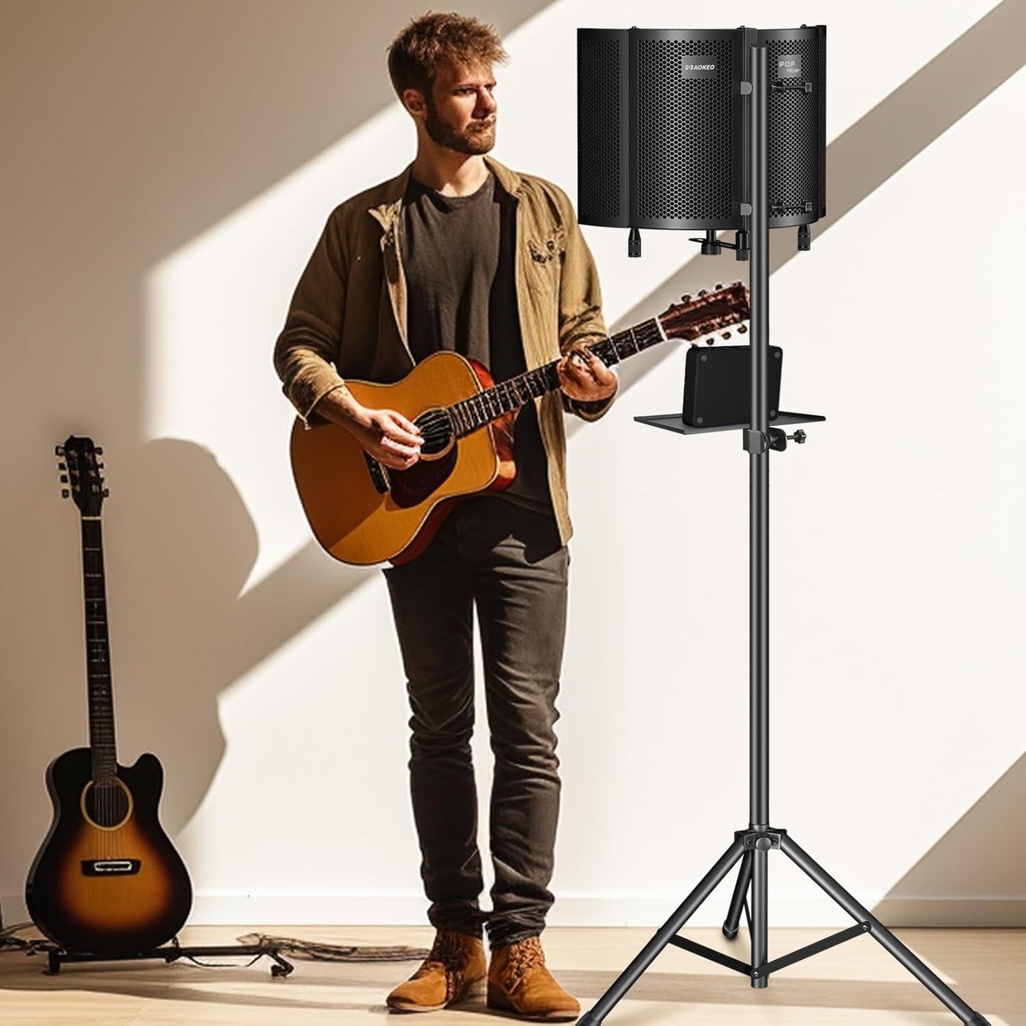 Professional Studio Recording Microphone Isolation Shield, Pop Filter,High density absorbent foam is used to filter vocal. Suitable for Blue Yeti and other condenser microphones (AO-504 With Stand)