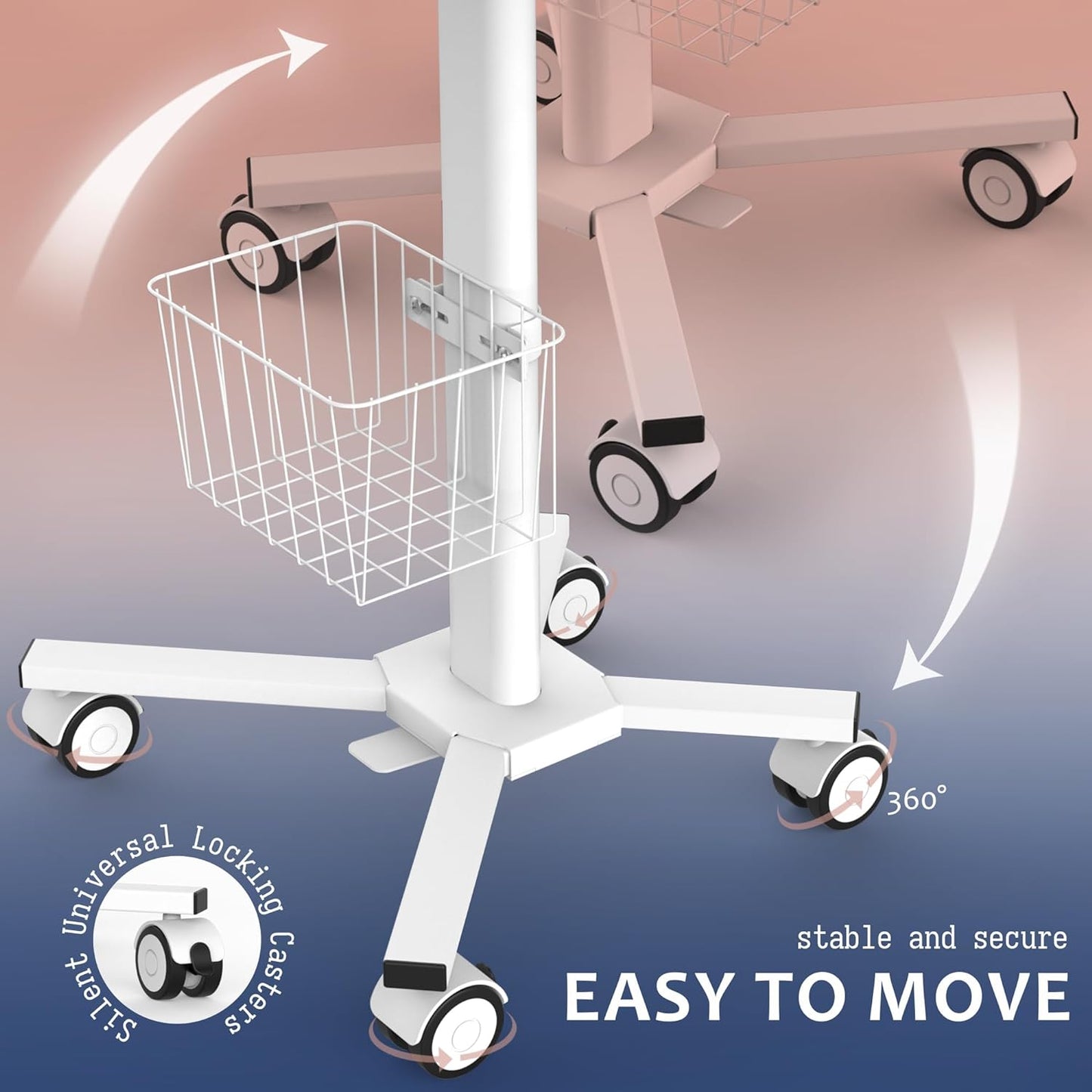 Adjustable Height Portable Laptop Desk with Wheels,White Computer Cart on Wheels,Standing Mobile Desk Workstation, Utility Medical Cart