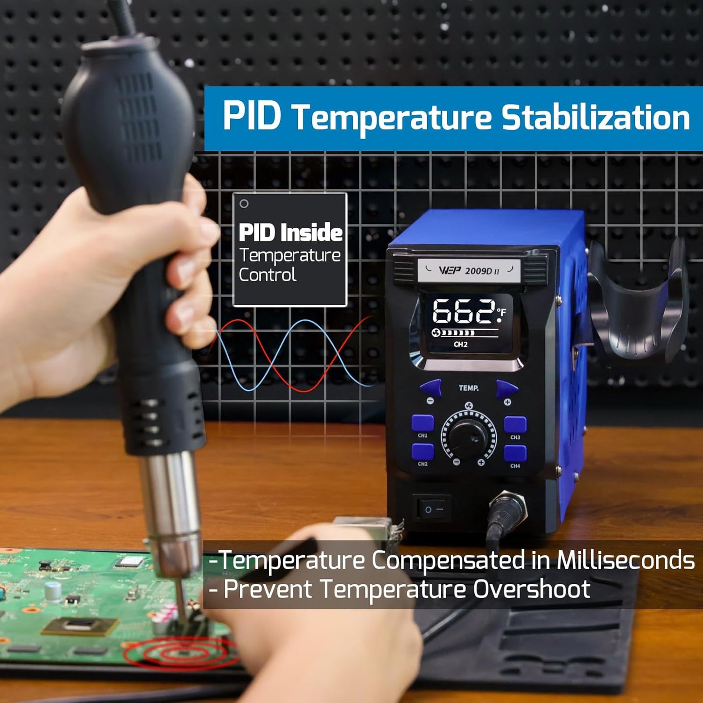 WEP 2009D-II Hot Air Soldering Station, Hot Air Rework Station with Detachable Soldering Heat Gun, 4 Preset Channels, Digital LED Display, Adjustable Temperature 212-896°F, PID Temp Stabilization