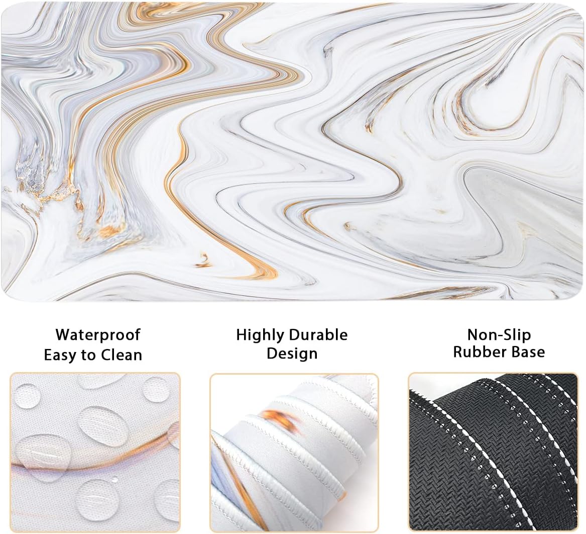 4-in-1 Large Gaming Mouse Pad, Keyboard Wrist Rest Pad & Wrist Support Mousepad Set, Extended Desk Pad Waterproof Desk Mat for Home Office Study Game - White Marble