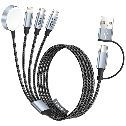 Travel Essentials 4 in 2 Dual Type C Multi Charging Cable for Apple Watch Charger,USB A/USB C Multiple Charger Cable/Cord for All Devices Compatible with iWatch Ultra/SE/10-1,iPhone 16-11 and More-5FT