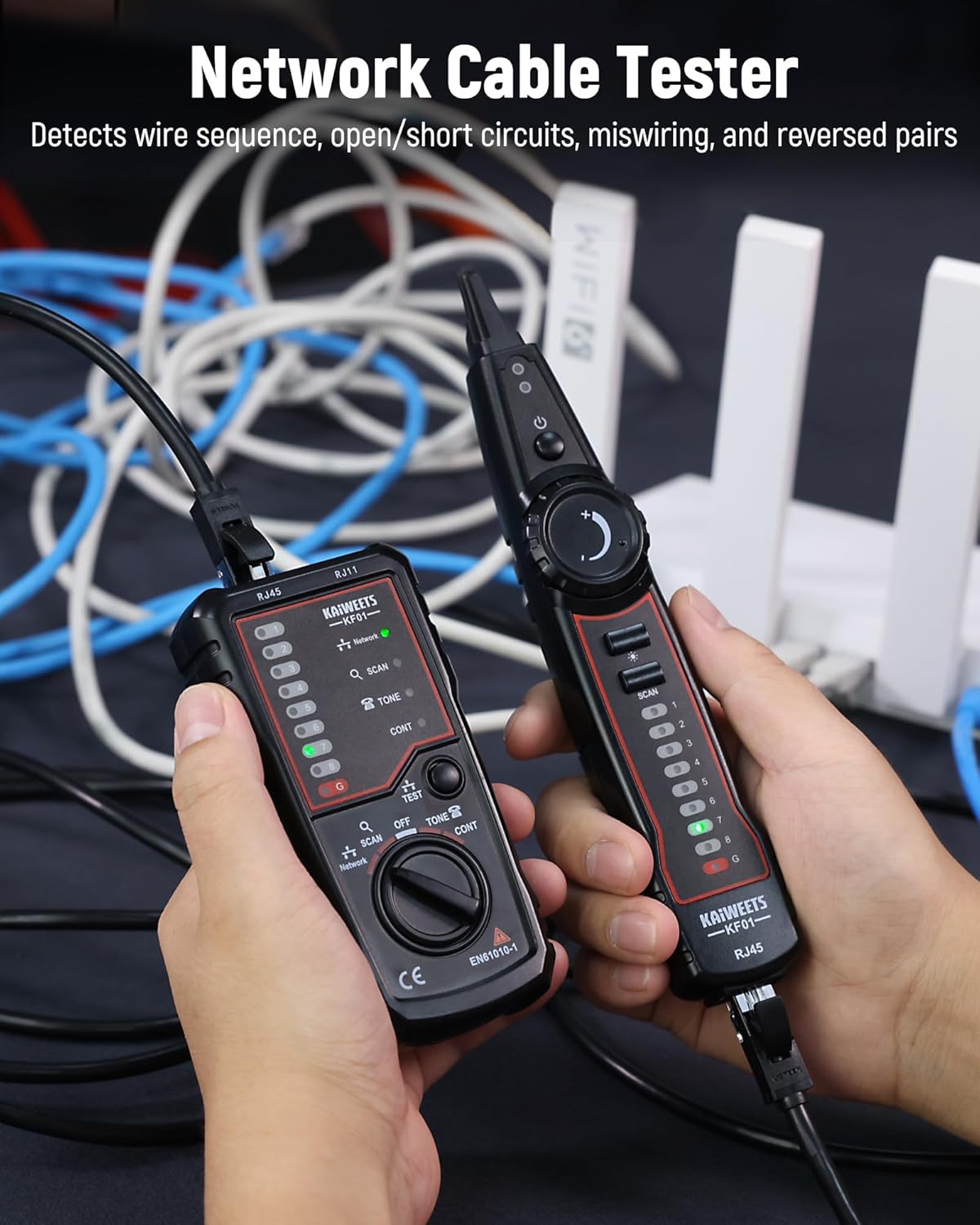 KAIWEETS Network Cable Tester, RJ45 RJ11 Wire Tracer Line Finder, Tone Generator and Probe Kit, Cable Tracer Ethernet LAN Network Cat5 Cat6 for Cable Collation, Telephone Line Test