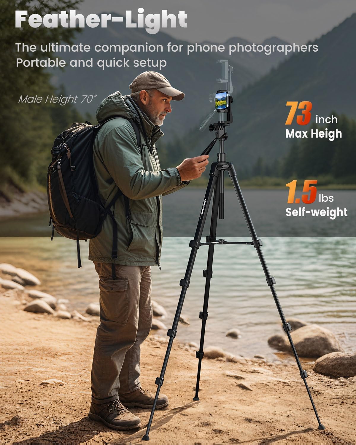 73"-Phone-Tripod-with-Horizontal-Overhead, Selfie Stick/Tall Travel Stand with Wireless Remote and iPhone Holder, Mirrorless/Compact/GoPro/Camera/Compatible/iPhone/Smartphone