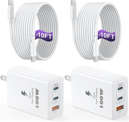 USB C Charger Block 100W, 3-Port GaN Super Fast Charger, Type C Wall Charger Adapter with 10ft USB C Charging Cable for MacBook Pro/Air,iPad Pro, iPhone 16/15Pro, S25/S24/S23 and More[2 Pack]