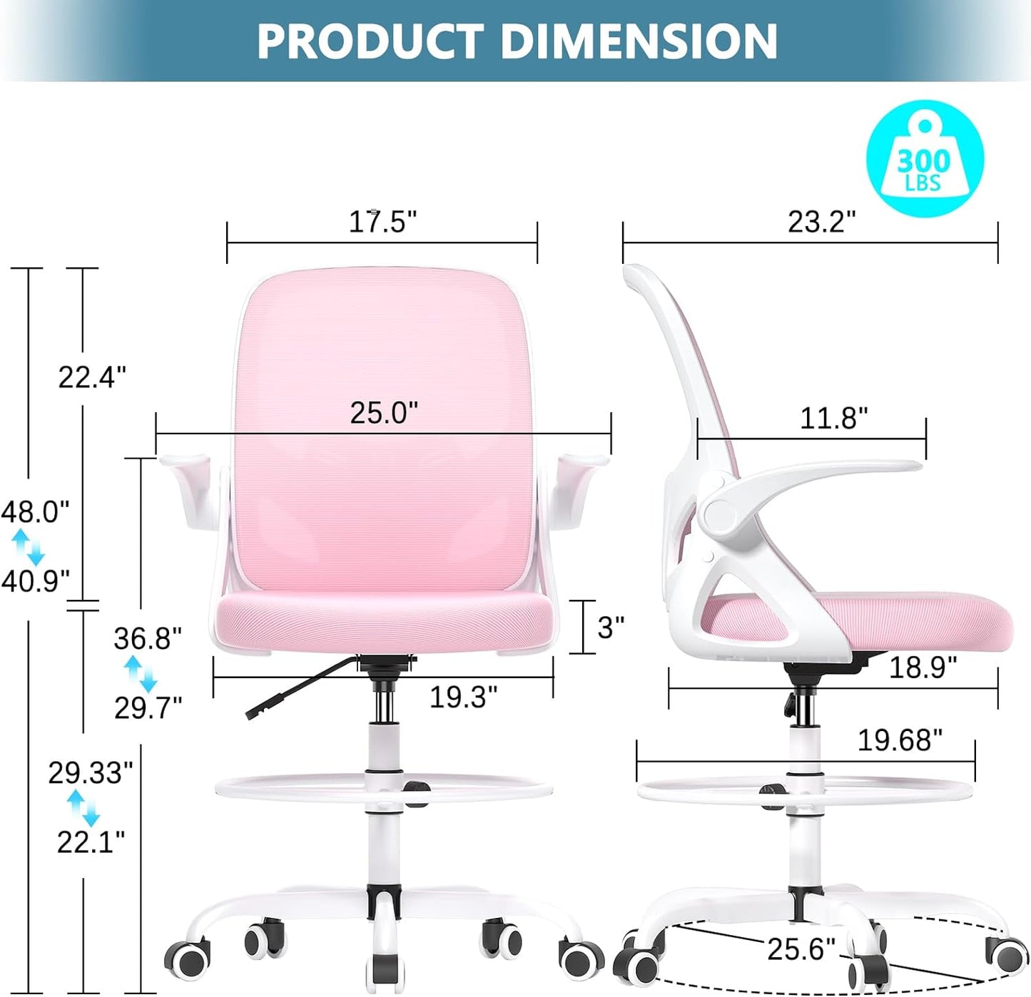 Tall Drafting Chair with Footrest Ring for Home and Work, Ergonomic Home Desk Office Chair with Flip up Arms and Lumbar Support, Extended Height Executive Desk Office Chair(Pink)