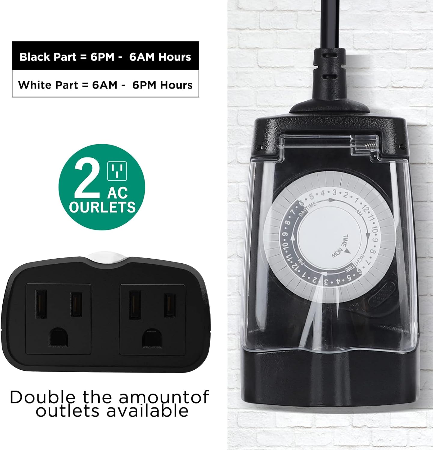 G-Homa 24 Hour Mechanical Outdoor Timer Outlet, Outdoor Timer for Lights, Waterproof, 2 Grounded Outlets, 15A 1/2HP, Heavy Duty, ETL Listed