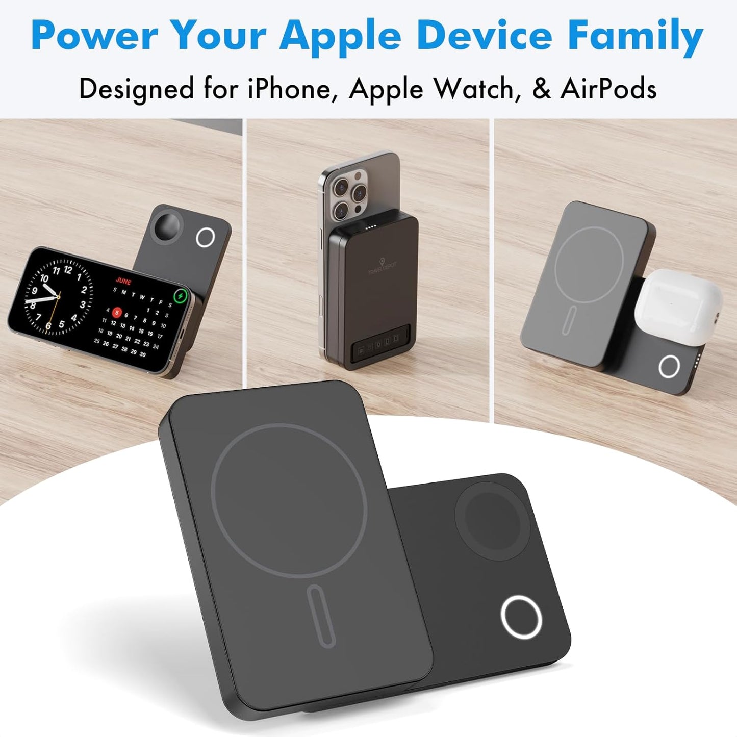 Magnetic Wireless Power Bank, 3-in-1 Portable Charger 10000mAh w/Kickstand, Battery Pack for MagSafe, Charging Station for iPhone 16/15/14/13, Apple Watch & AirPods, 15W Charger w/Stand