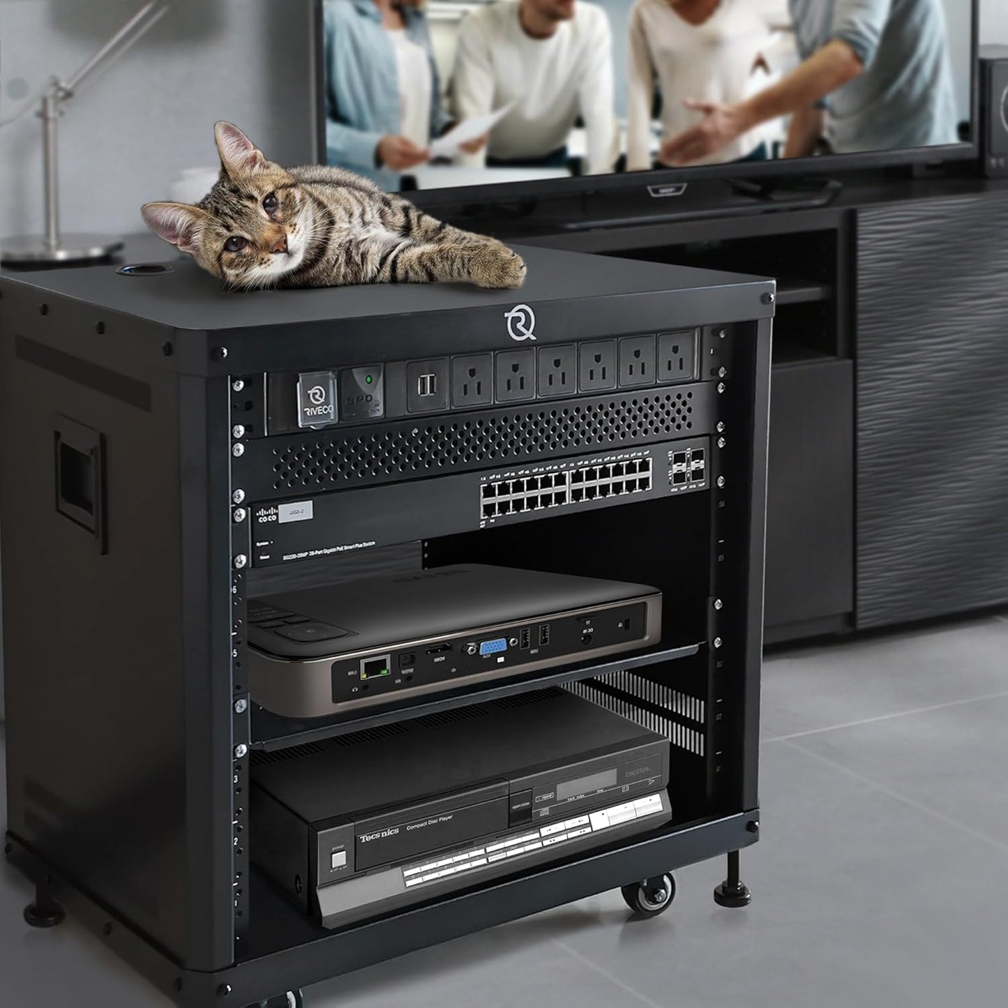 RIVECO POMU 6U Stereo & Studio Rack with Caster Wheels, Rolling Network Cabinet, Open Frame Audio Rack for 19 inches Video Music Recording & IT Equipment, Obtuse Angel, Lifting Handle