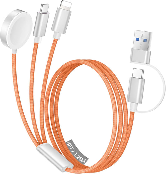 Temdan for Travel Vacation Essentials,3 in 2 USB C Cable for Apple Watch Charger/iPhone 16 Charger/Lightning,Multi Charging Cable Cord,Camping Essentials,Designed for iWatch &iPhone 16-12-4FT Orange