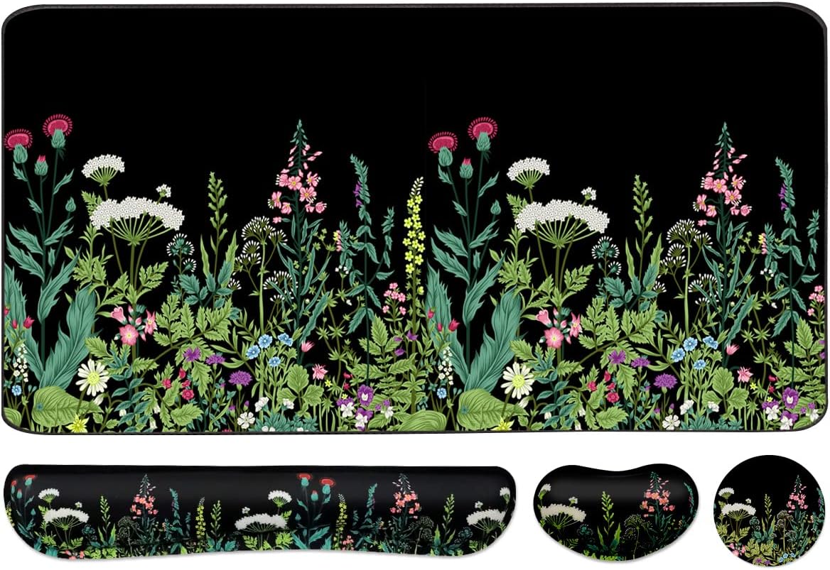 Keyboard Mouse Pad Set, Extended Mouse Pad+Keyboard Wrist Rest Support, Memory Foam Ergonomic Easy Typing, 3Pcs (35.4×15.7 in) Desk Pad Set for Home Office Study Game - Weeds