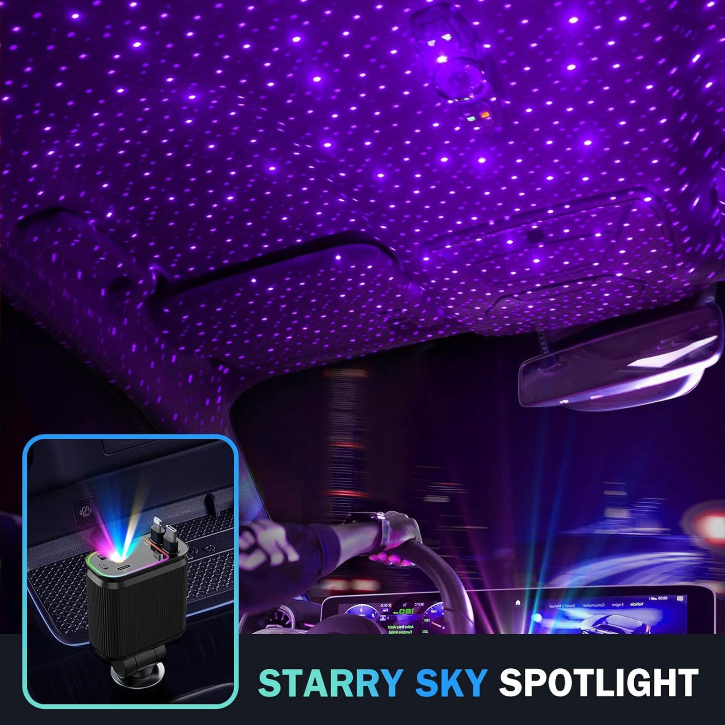 Car Charger with Starlight, 66W USB C Fast Car Charger Adapter, 4 in 1 Retractable Car Chargers with 2 USB Ports for iPhone 15/14/13/12/11 and for Android (Dark Black)