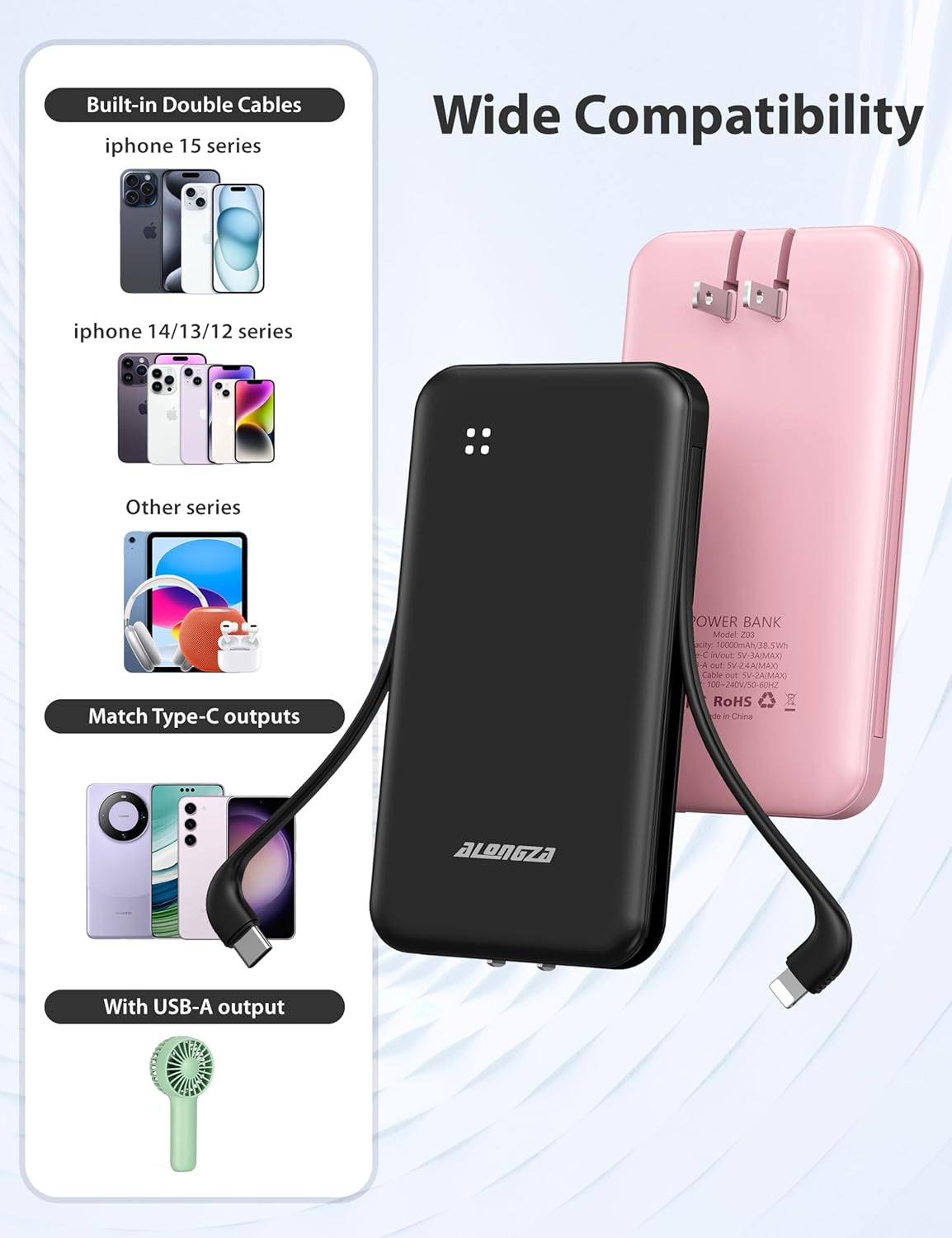 Alongza Portable Charger Built-in Cables and AC Wall Plug, Slim Fast Charging Power Bank 10000mAh, Lightweight USB C External Battery Pack Compact Travel Cell Phone Charger, 2 Pack Black & Pink