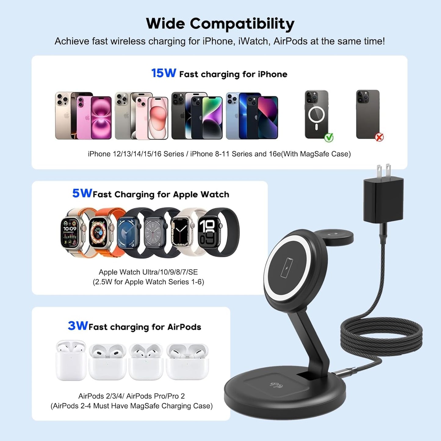 Charging Station, 3 in 1 Foldable Wireless Charger iPhone Charging Station Charger Stand Multiple Devices for Apple, with PD Adapter and USB C Cable for iPhone 16 15 14 Pro & iWatch&AirPods All Series