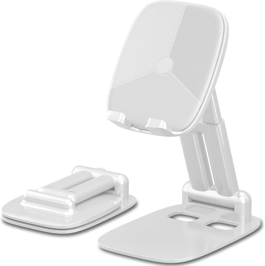 DEERLAMN Cell Phone Stand for Desk, Height Adjustable Cell Phone Holder Portable Desktop Stand, Travel Home Office Desk Accessories Compatible with iPhone 16/15/14/13/12/11 All Smartphone - White